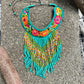 Bib Necklace with Guatemalan Floral Embroidery from Patzun with Ceramic Bead Fringes, turquoise & green