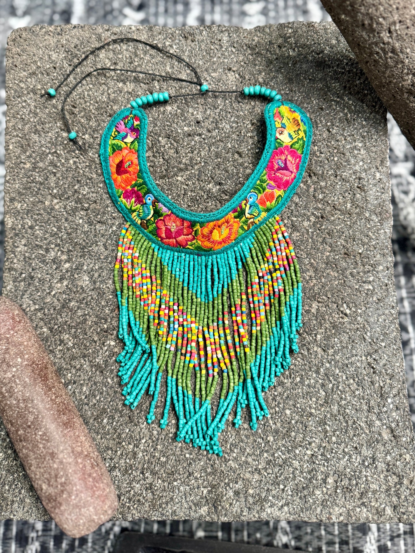 Bib Necklace with Guatemalan Floral Embroidery from Patzun with Ceramic Bead Fringes, turquoise & green