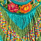 Bib Necklace with Guatemalan Floral Embroidery from Patzun with Ceramic Bead Fringes, turquoise & green