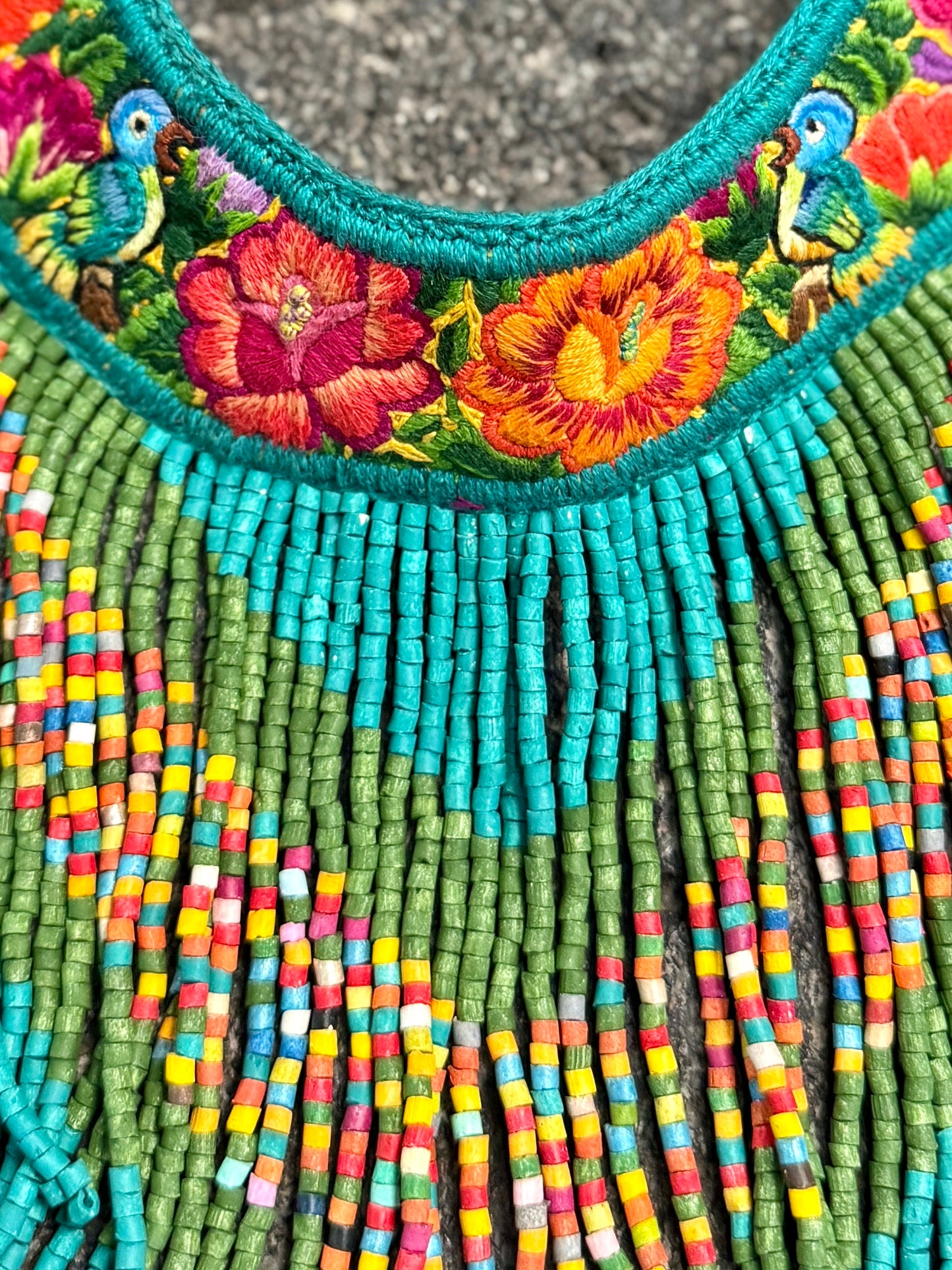 Bib Necklace with Guatemalan Floral Embroidery from Patzun with Ceramic Bead Fringes, turquoise & green