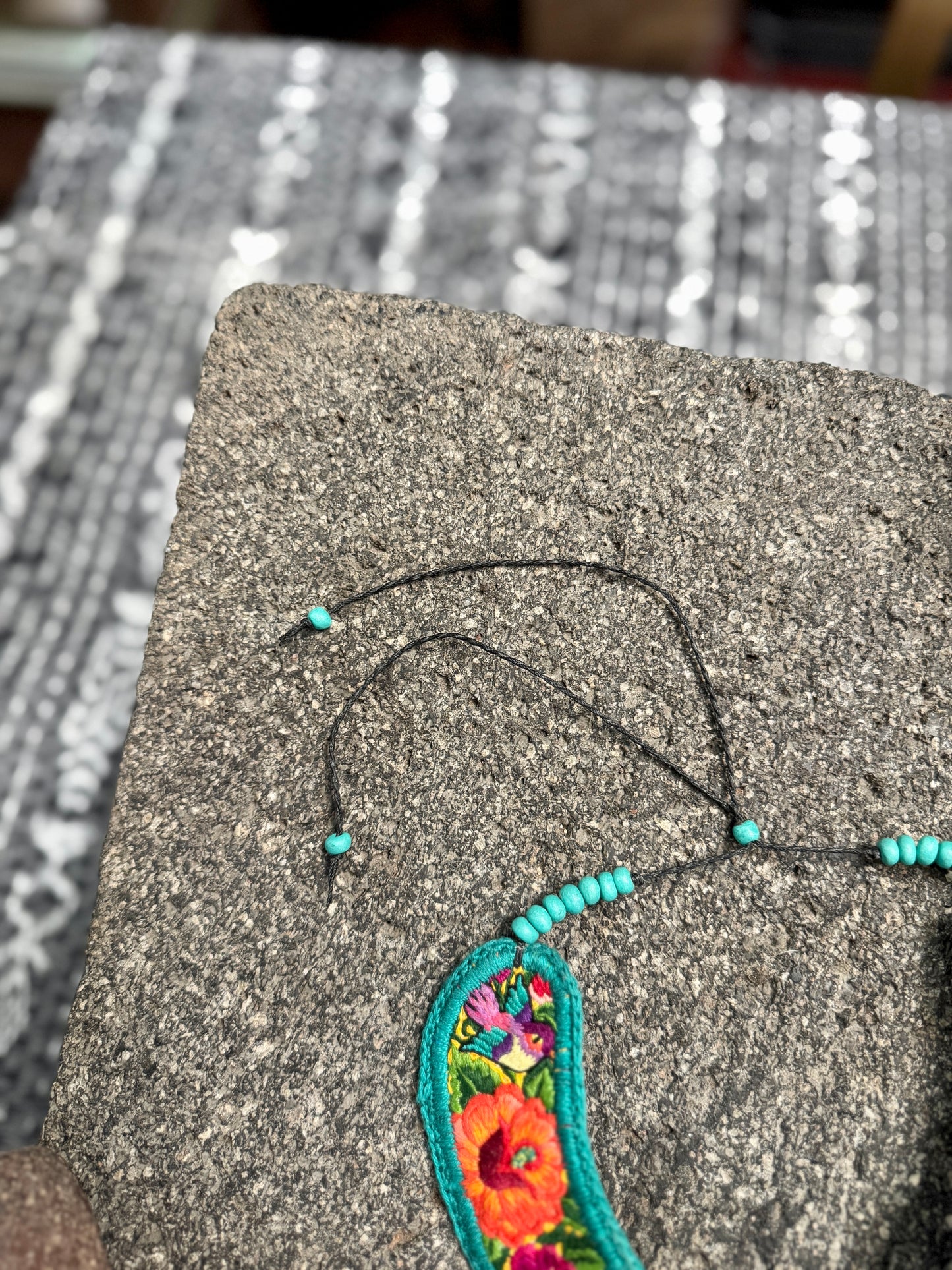 Bib Necklace with Guatemalan Floral Embroidery from Patzun with Ceramic Bead Fringes, turquoise & green