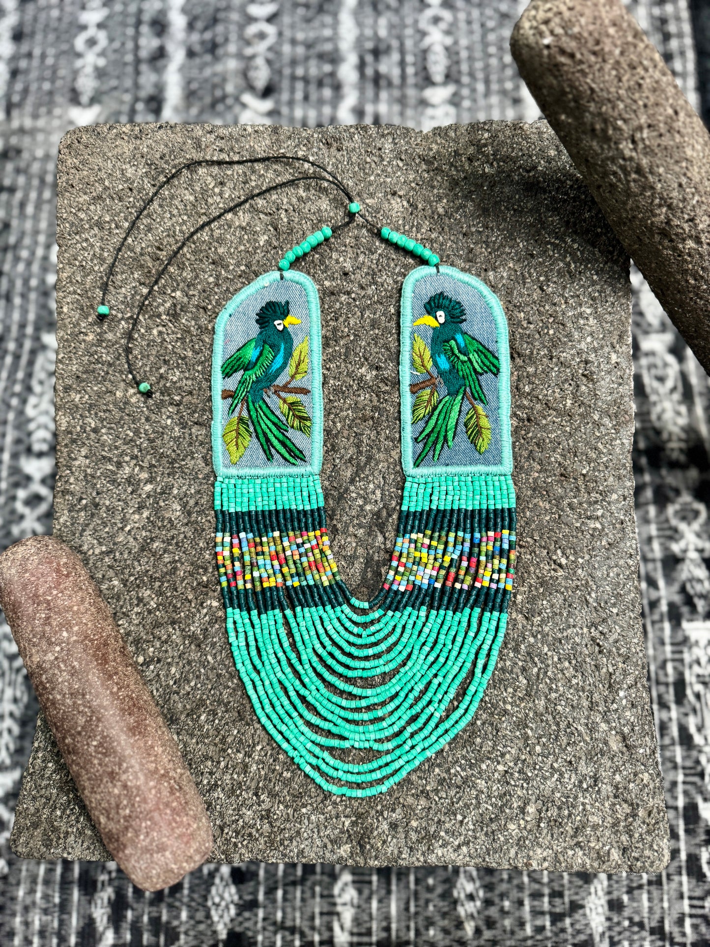 Adjustable Necklace with Guatemalan Bird Quetzal Embroidery from Santiago with Ceramic Beads, turquesa