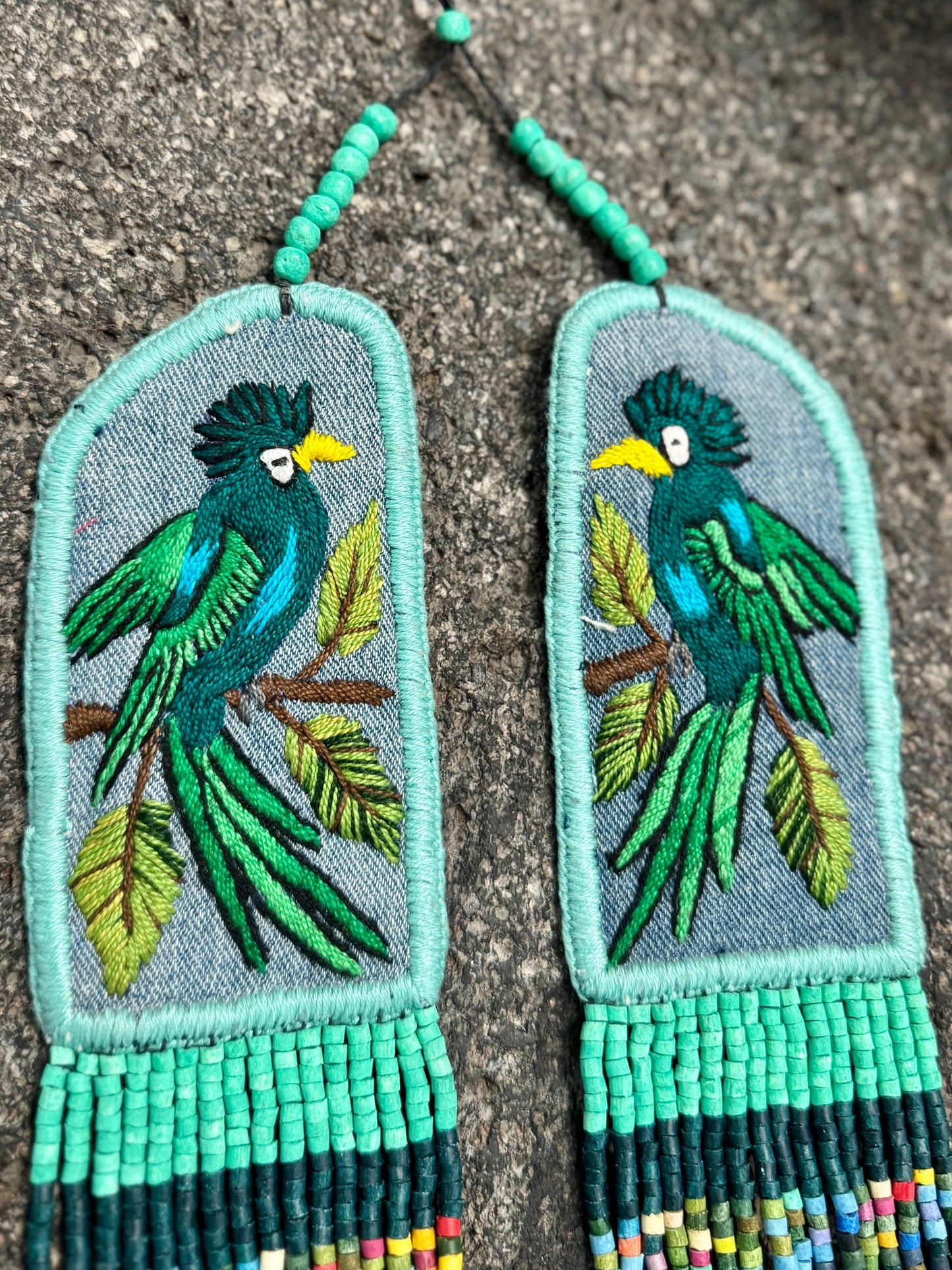 Adjustable Necklace with Guatemalan Bird Quetzal Embroidery from Santiago with Ceramic Beads, turquesa