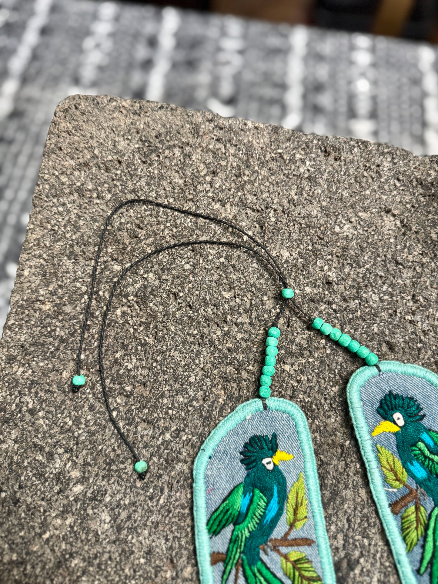 Adjustable Necklace with Guatemalan Bird Quetzal Embroidery from Santiago with Ceramic Beads, turquesa