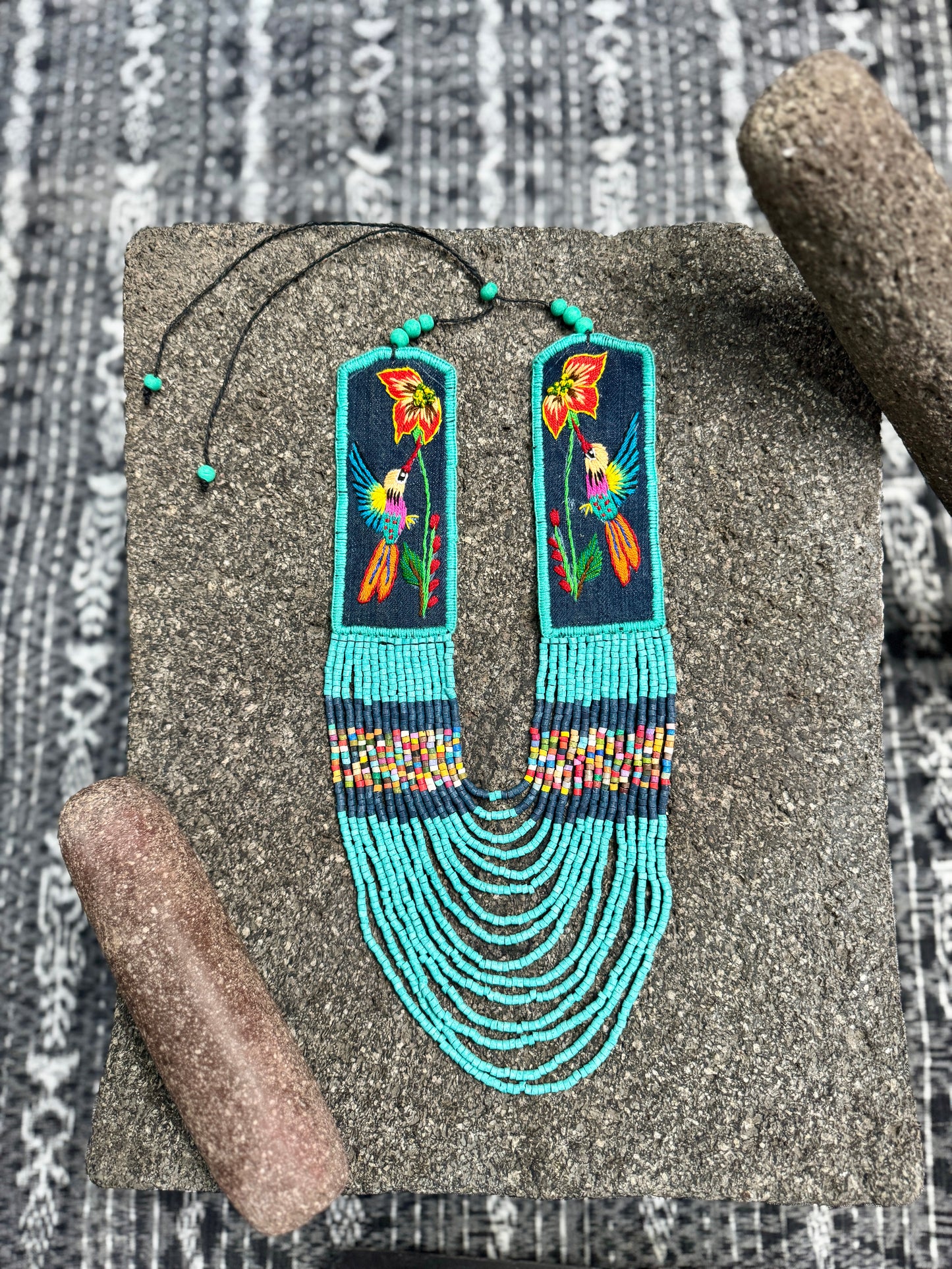 Adjustable Necklace with Guatemalan Bird Colibri Embroidery from Santiago with Ceramic Beads, celeste