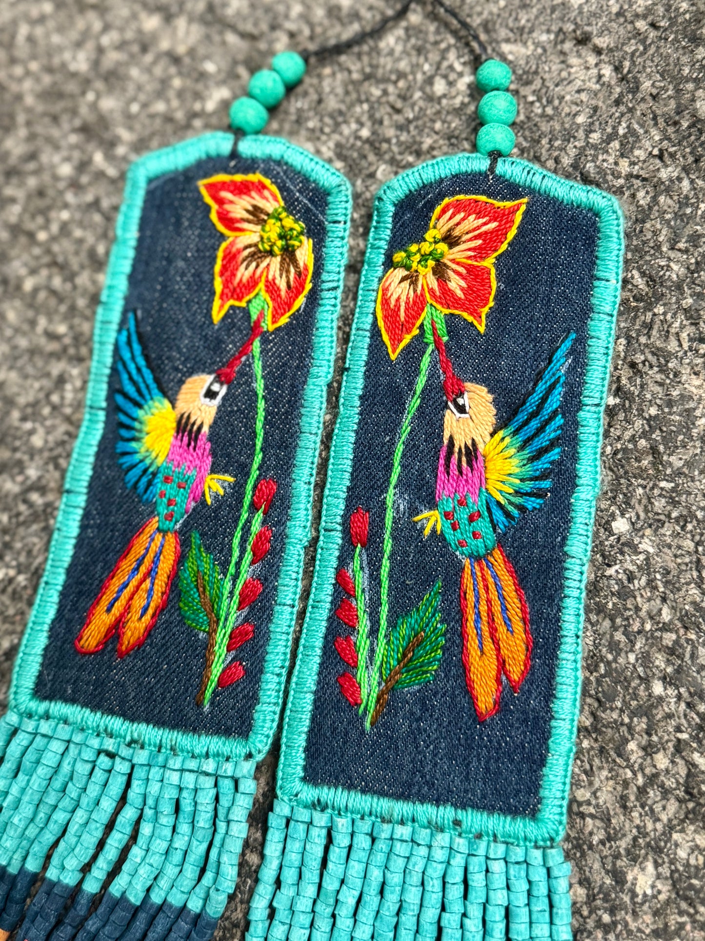 Adjustable Necklace with Guatemalan Bird Colibri Embroidery from Santiago with Ceramic Beads, celeste
