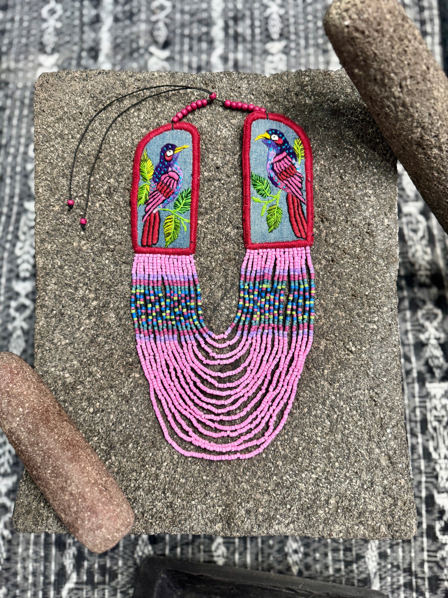Adjustable Necklace with Guatemalan Bird Embroidery from Santiago with Ceramic Beads, pink