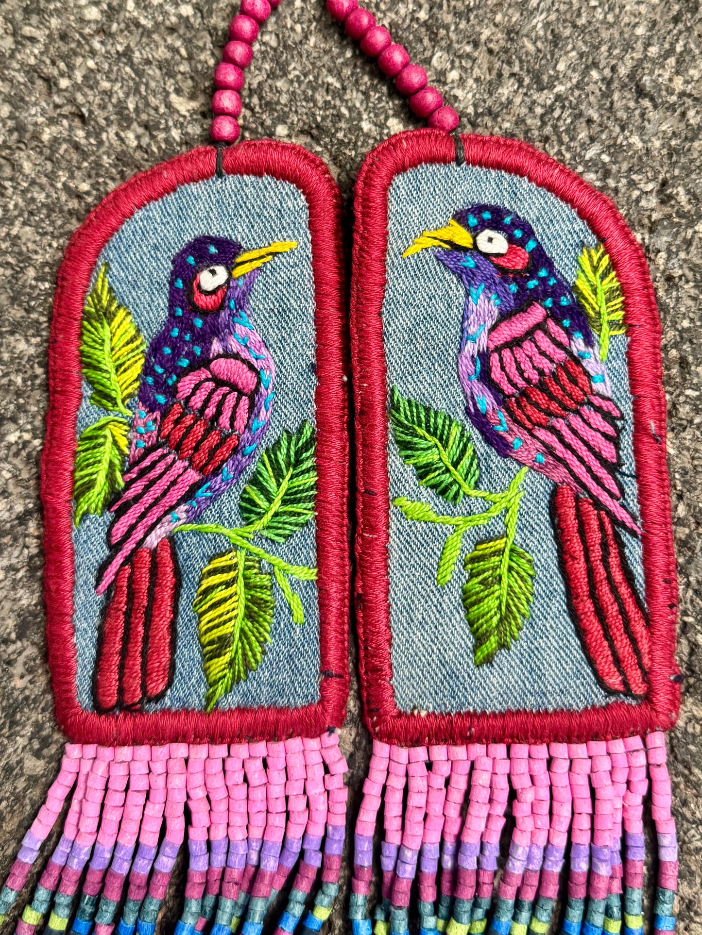 Adjustable Necklace with Guatemalan Bird Embroidery from Santiago with Ceramic Beads, pink
