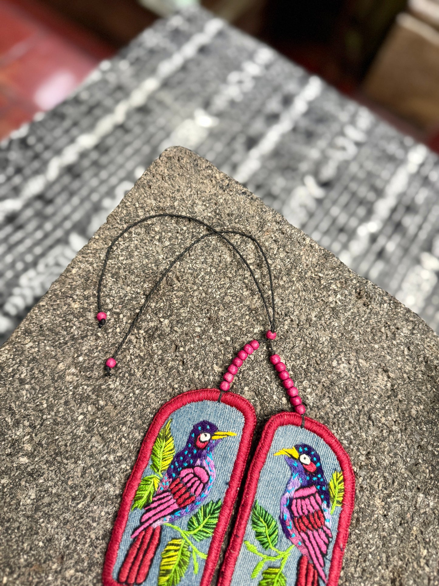 Adjustable Necklace with Guatemalan Bird Embroidery from Santiago with Ceramic Beads, pink