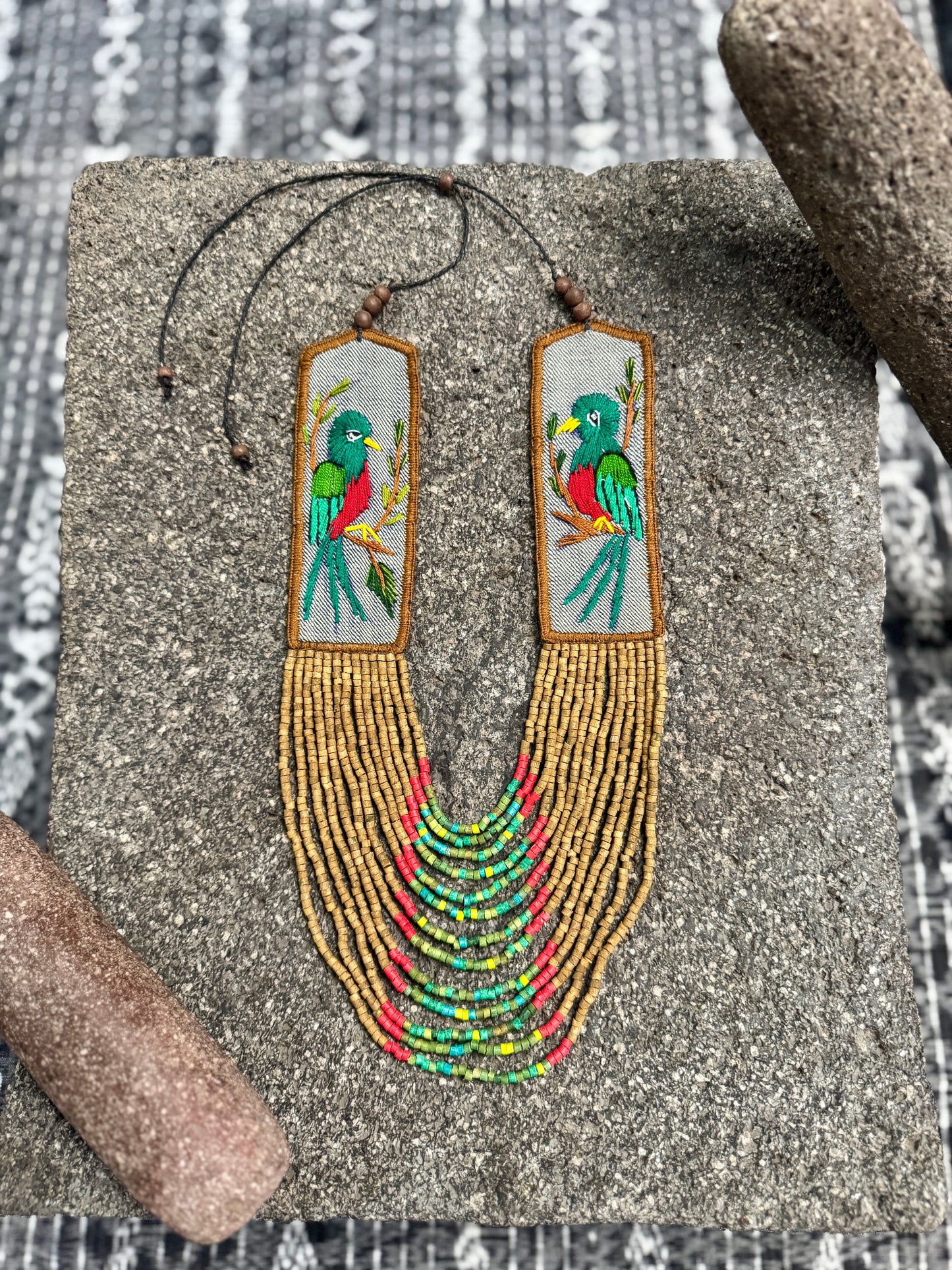 Adjustable Necklace with Guatemalan Bird Quetzal Embroidery from Santiago with Ceramic Beads, verde cafe