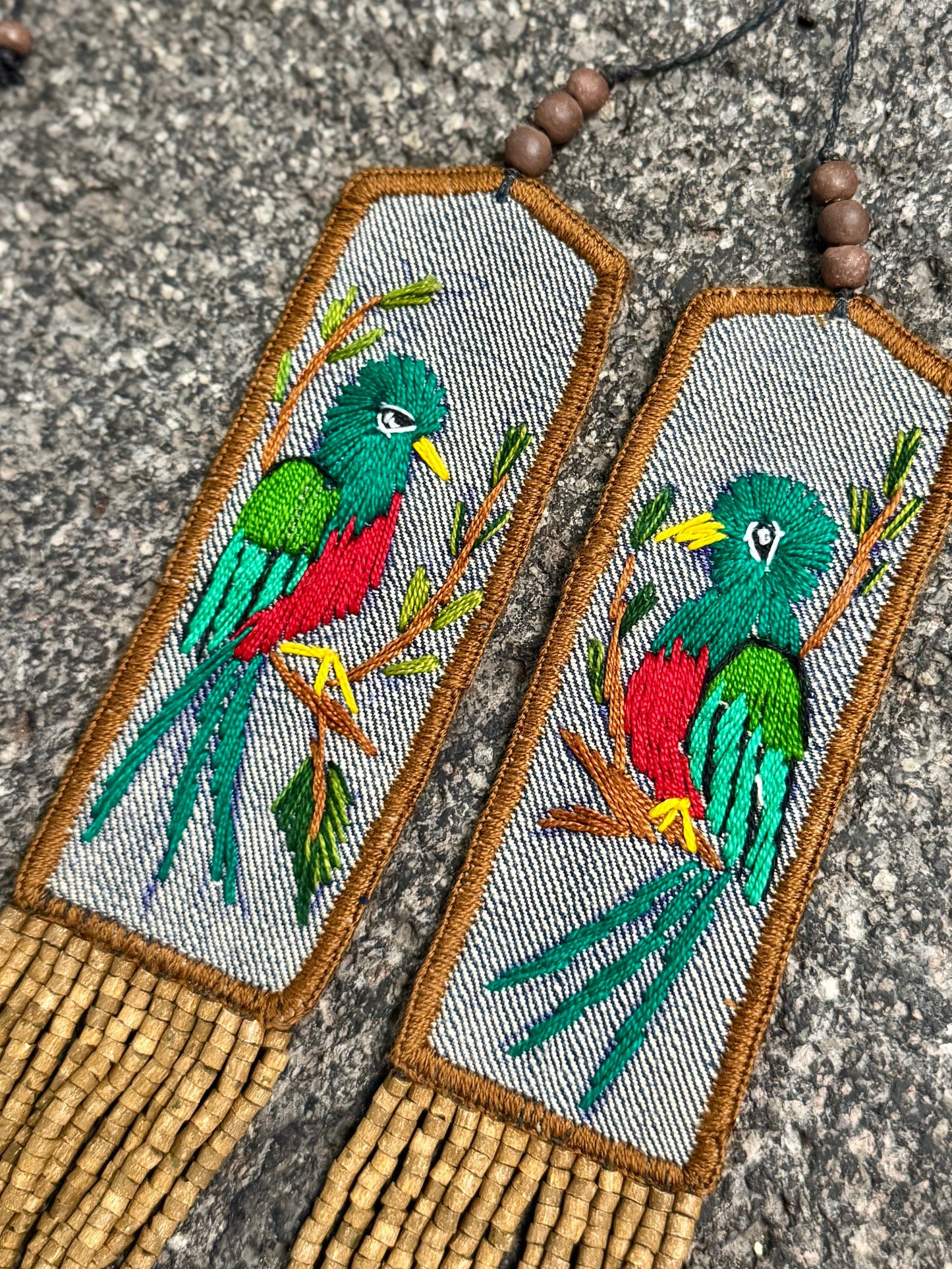 Adjustable Necklace with Guatemalan Bird Quetzal Embroidery from Santiago with Ceramic Beads, verde cafe
