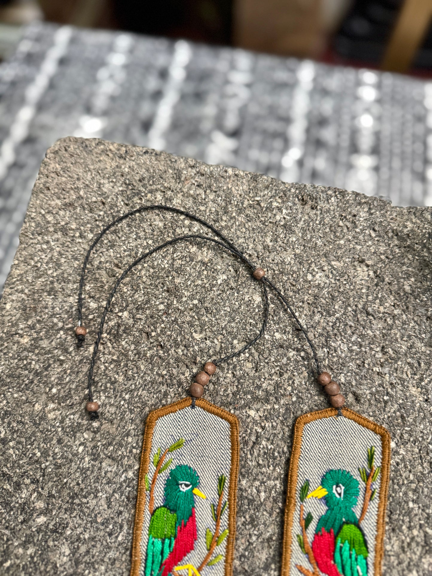 Adjustable Necklace with Guatemalan Bird Quetzal Embroidery from Santiago with Ceramic Beads, verde cafe