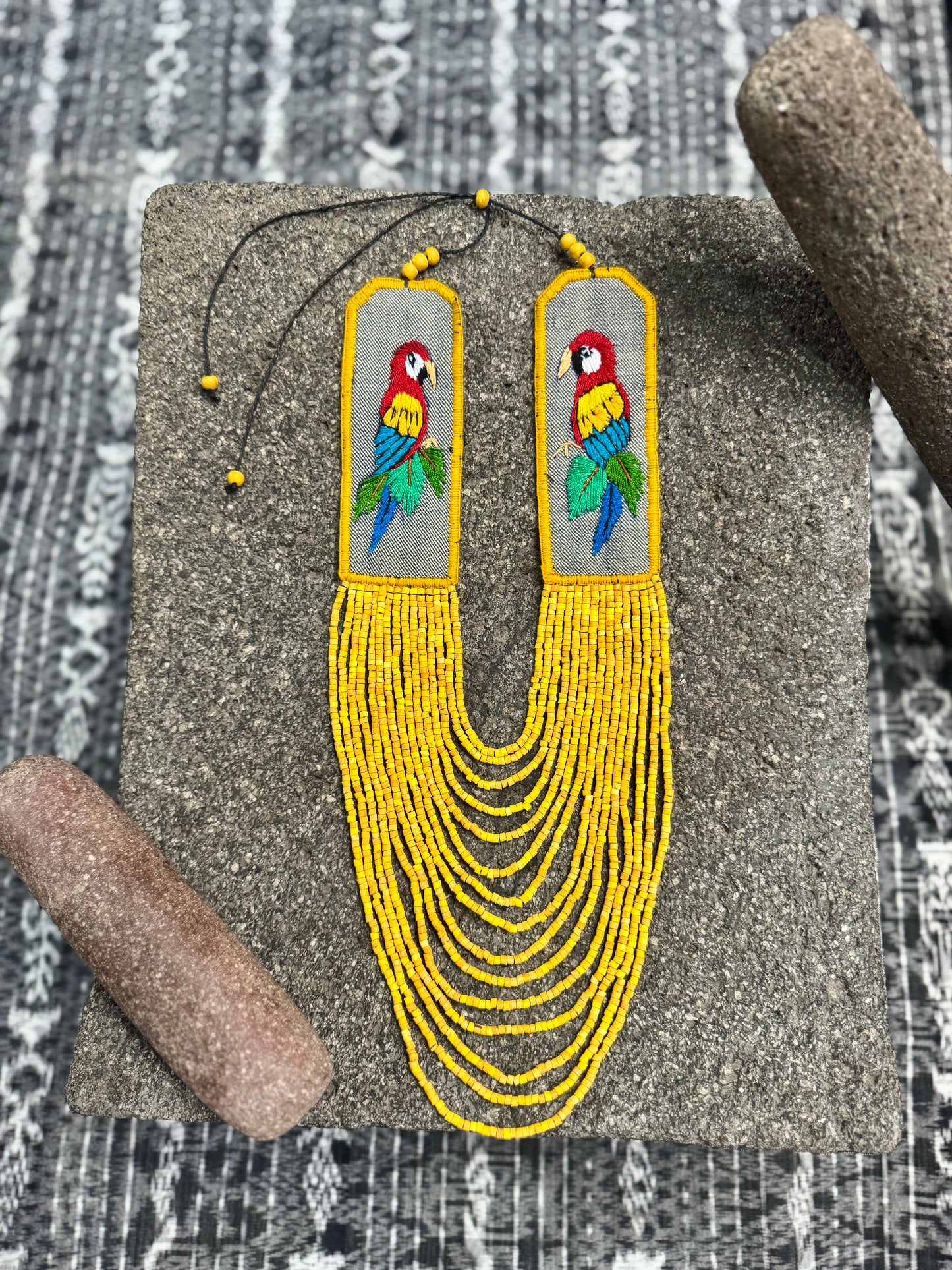 Adjustable Necklace with Guatemalan Bird Guacamaya Embroidery from Santiago with Ceramic Beads, yellow