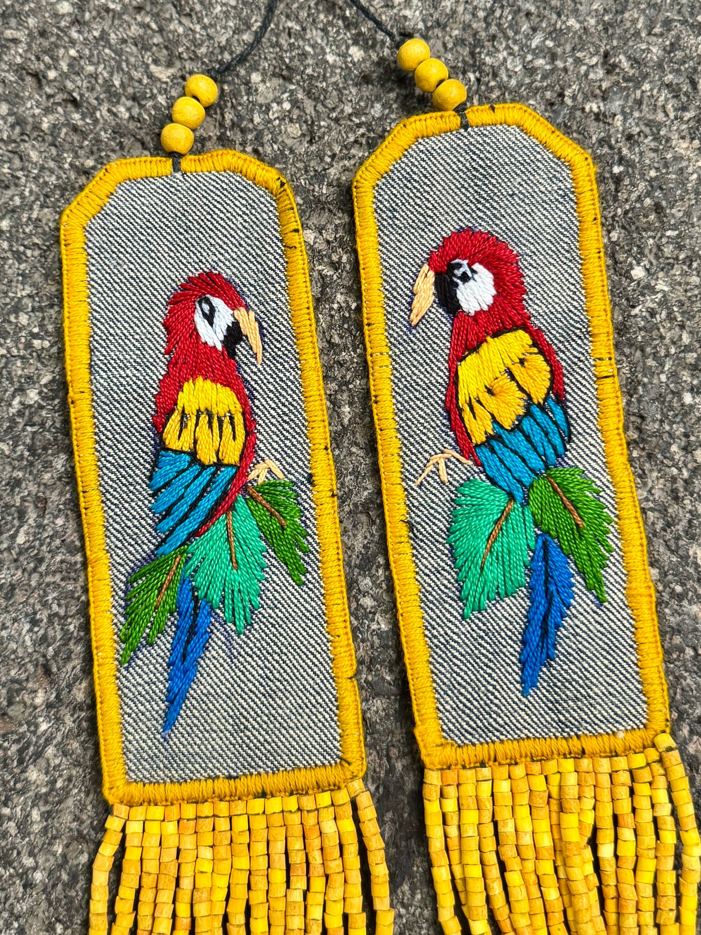 Adjustable Necklace with Guatemalan Bird Guacamaya Embroidery from Santiago with Ceramic Beads, yellow