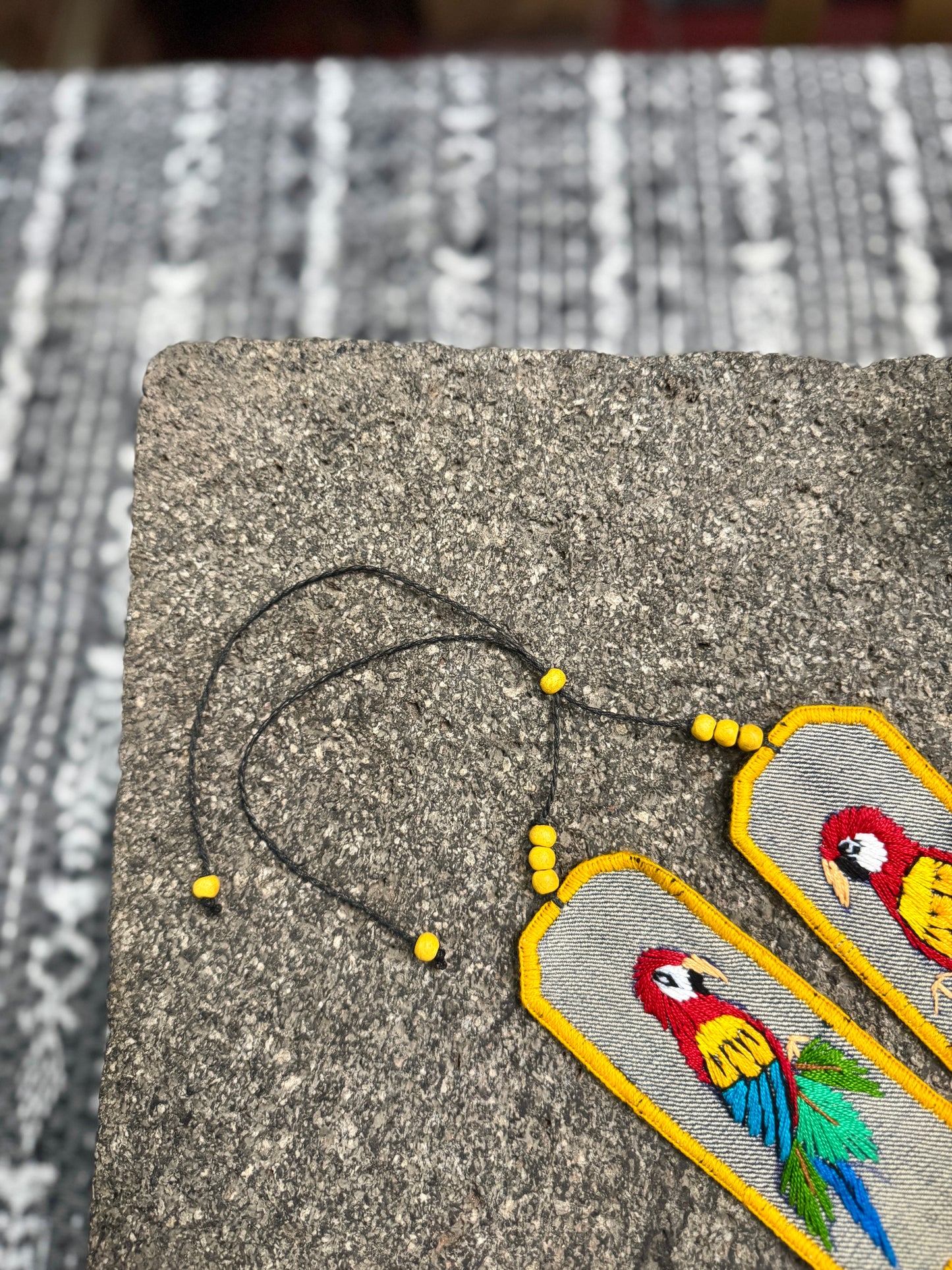 Adjustable Necklace with Guatemalan Bird Guacamaya Embroidery from Santiago with Ceramic Beads, yellow