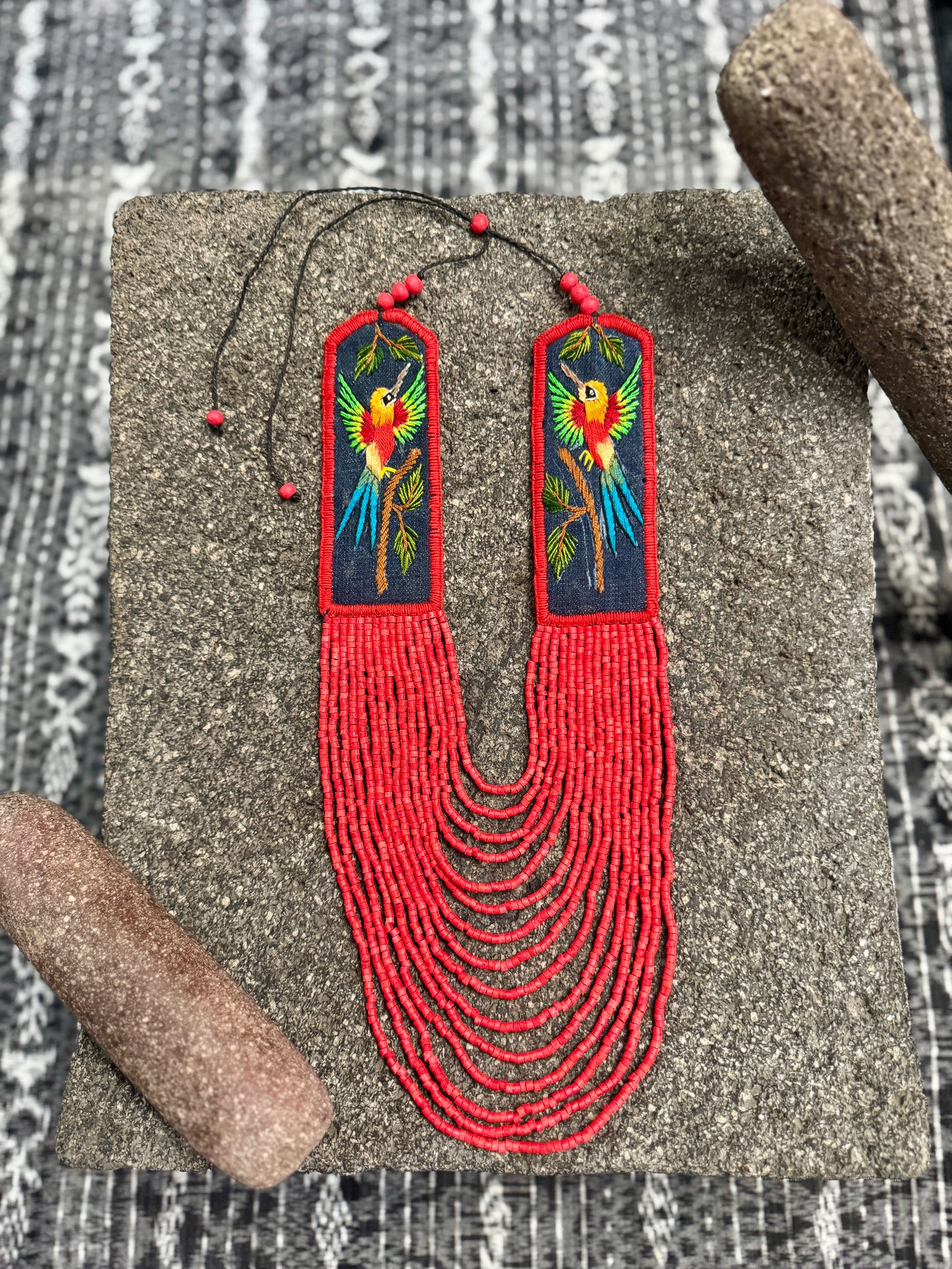 Adjustable Necklace with Guatemalan Bird Colibri Embroidery from Santiago with Ceramic Beads, red