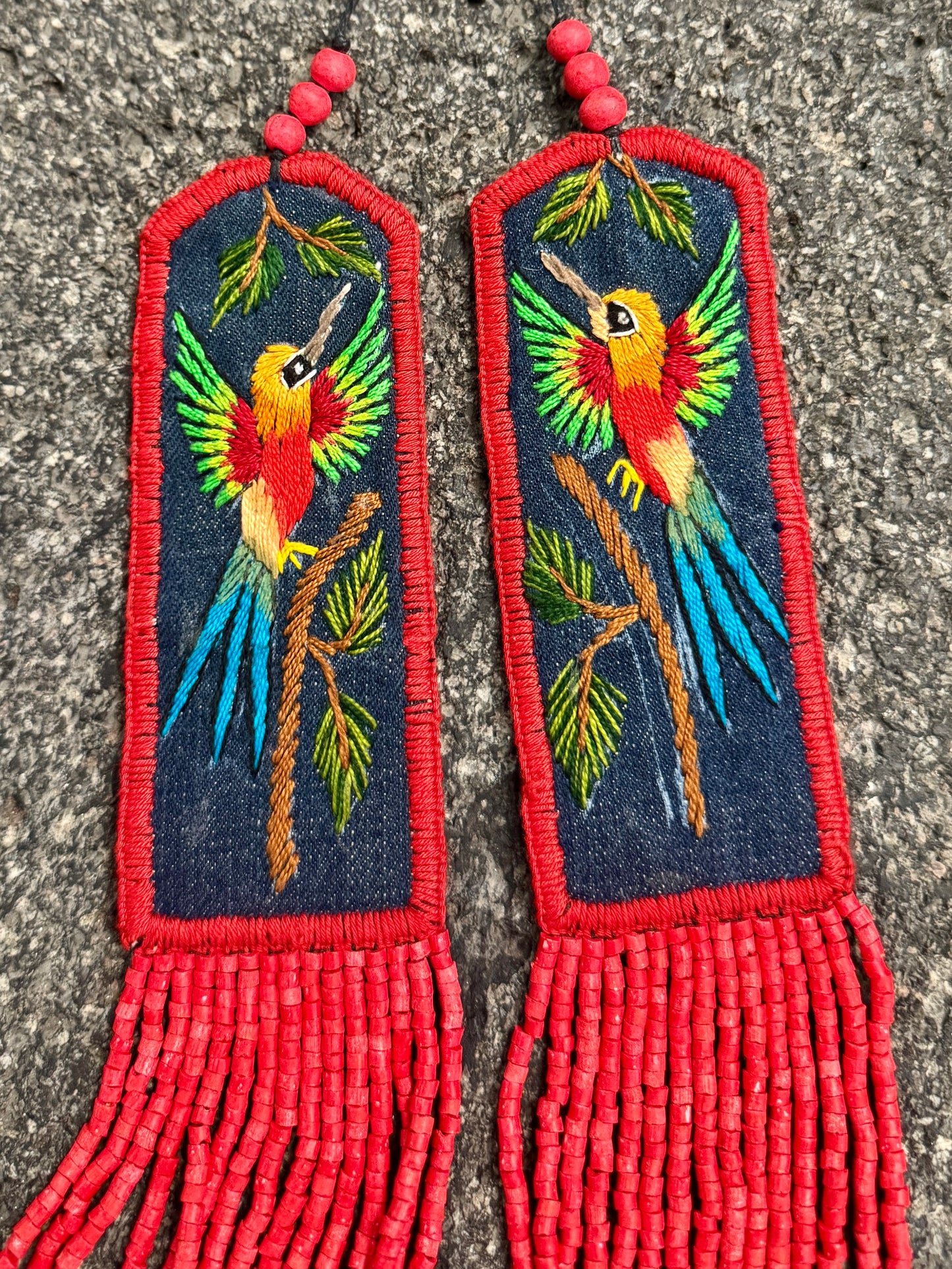Adjustable Necklace with Guatemalan Bird Colibri Embroidery from Santiago with Ceramic Beads, red