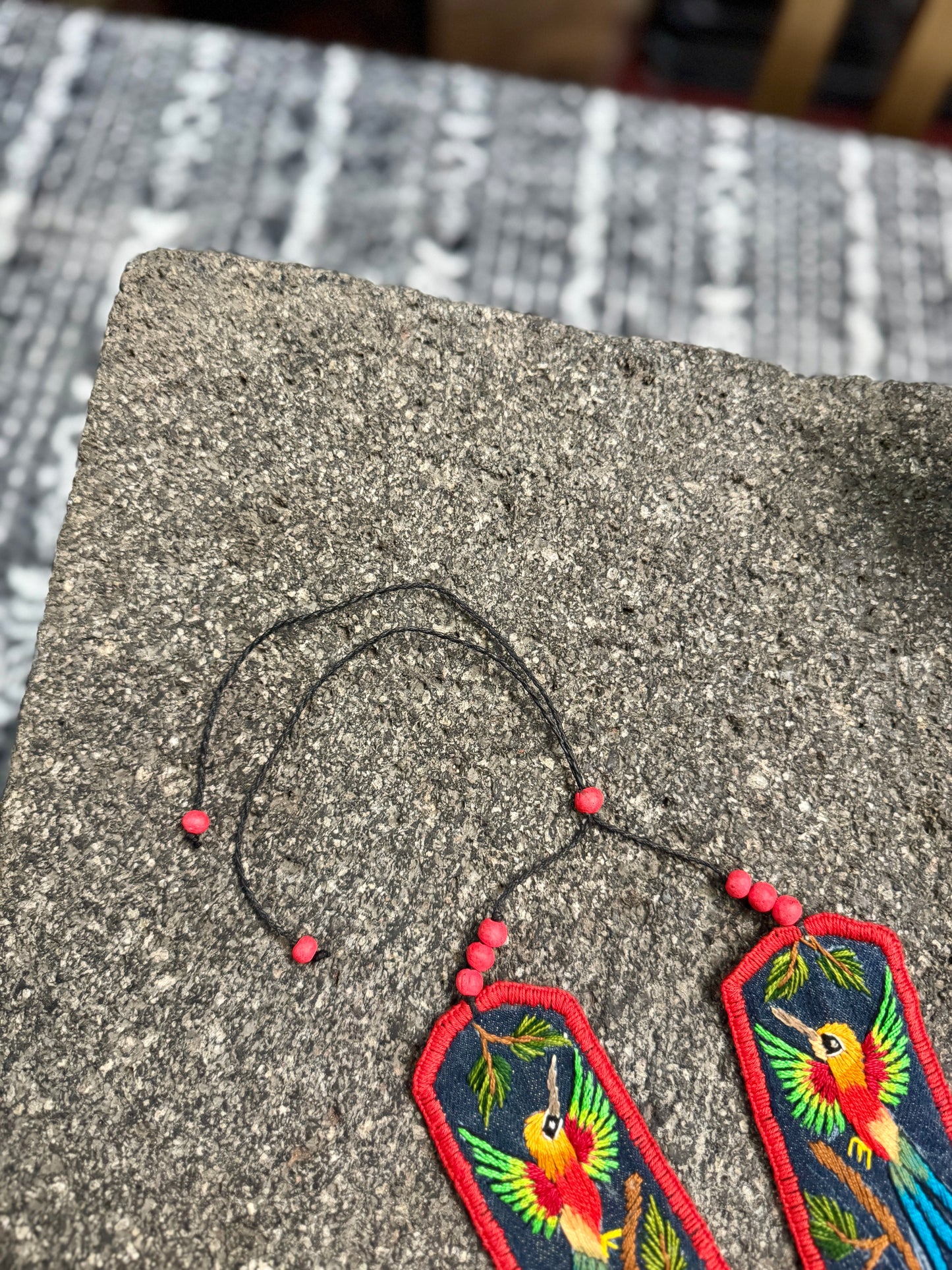 Adjustable Necklace with Guatemalan Bird Colibri Embroidery from Santiago with Ceramic Beads, red