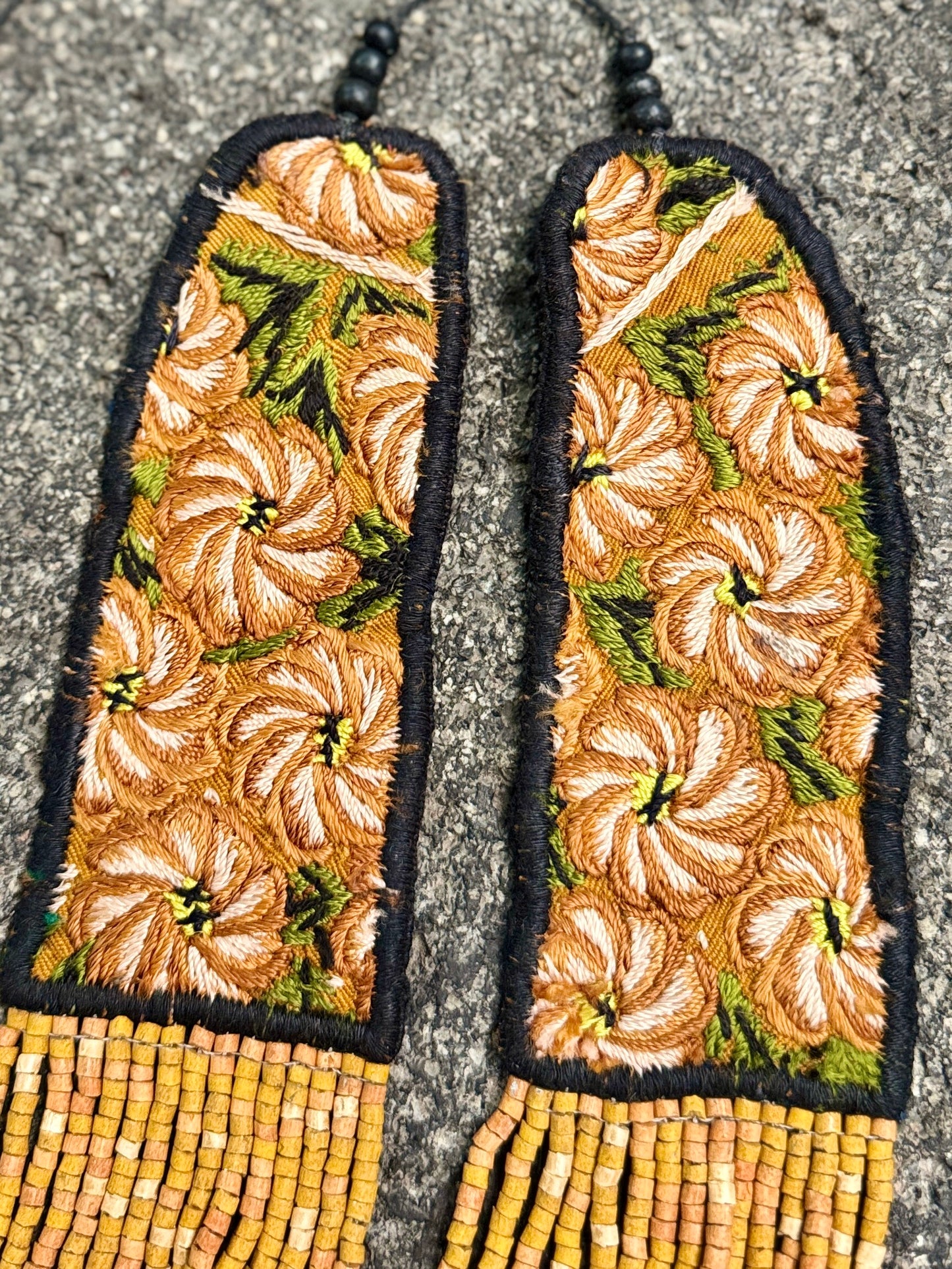 Adjustable Ceramic Beaded Strand Necklace with Patzún Floral Huipil Textile, mustard