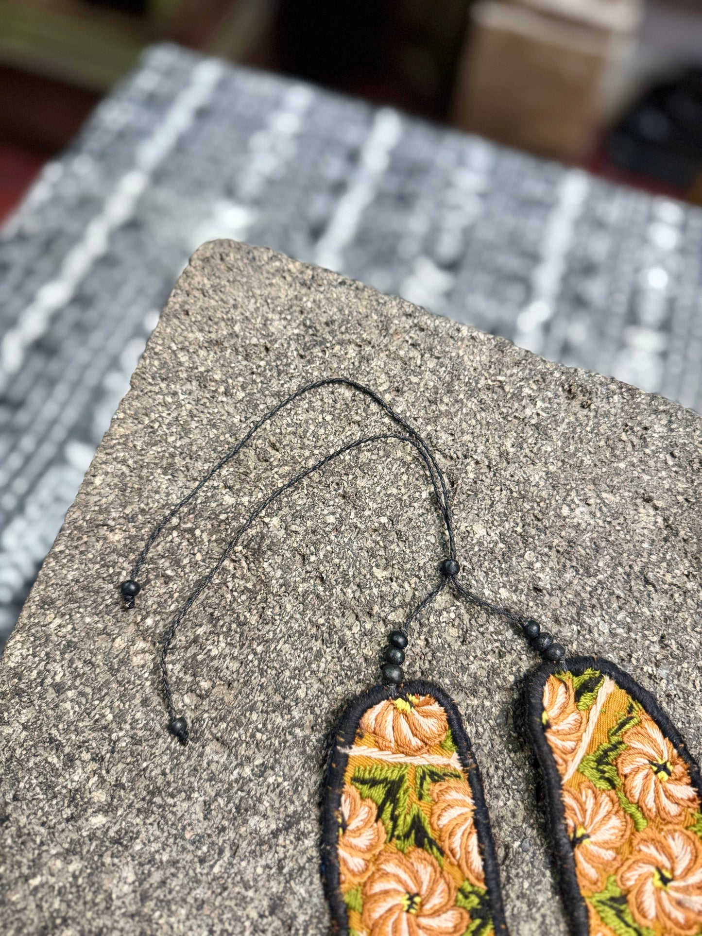 Adjustable Ceramic Beaded Strand Necklace with Patzún Floral Huipil Textile, mustard