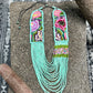 Adjustable Ceramic Beaded Strand Necklace with Patzún Floral Huipil Textile, turquoise/pink