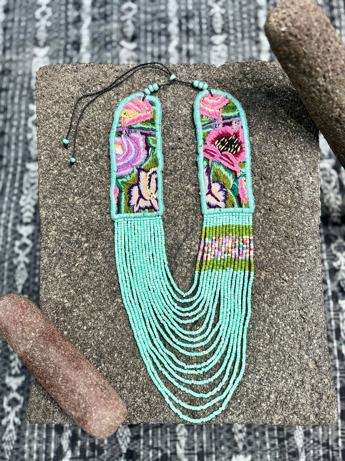 Adjustable Ceramic Beaded Strand Necklace with Patzún Floral Huipil Textile, turquoise/pink