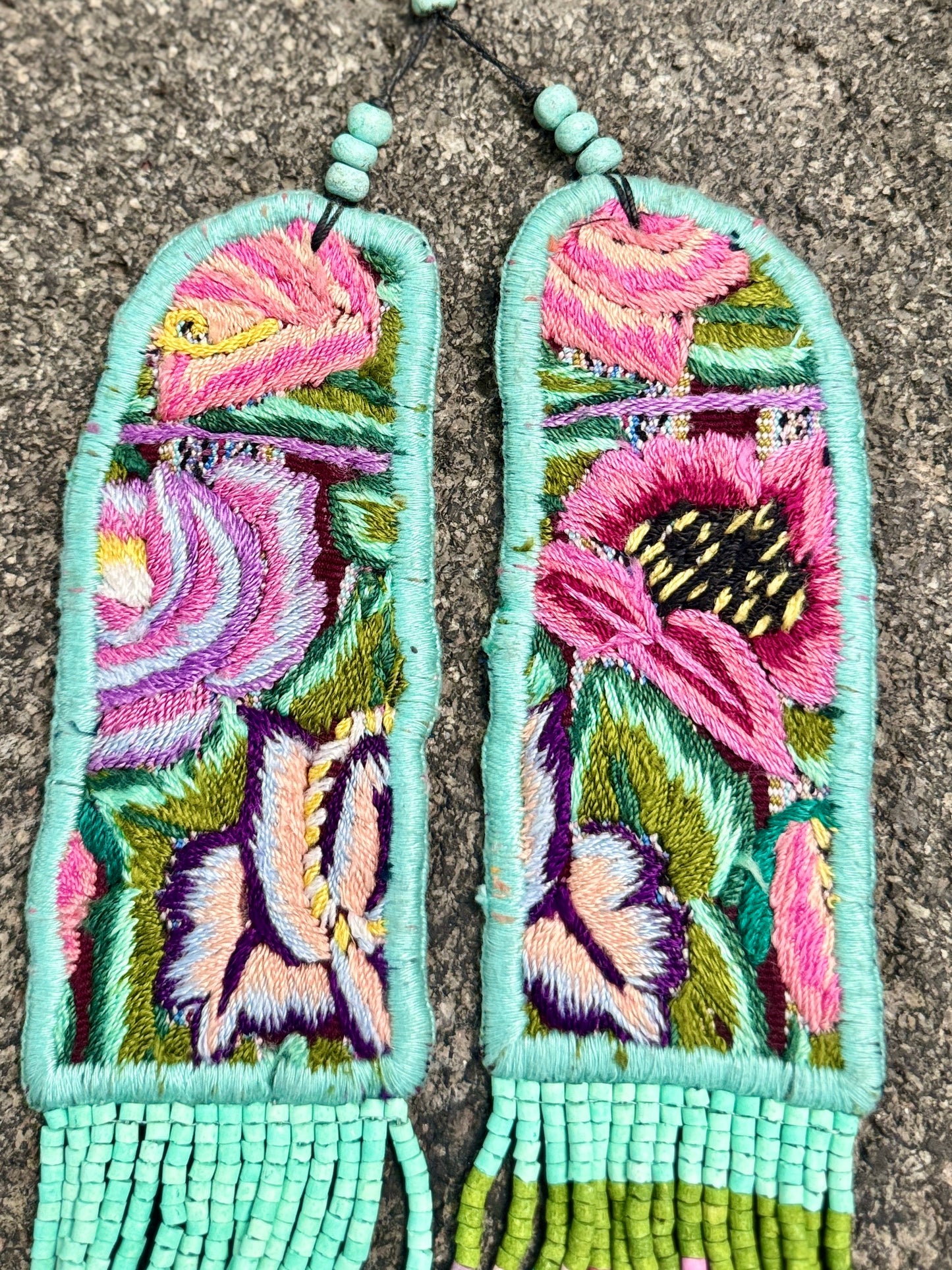 Adjustable Ceramic Beaded Strand Necklace with Patzún Floral Huipil Textile, turquoise/pink