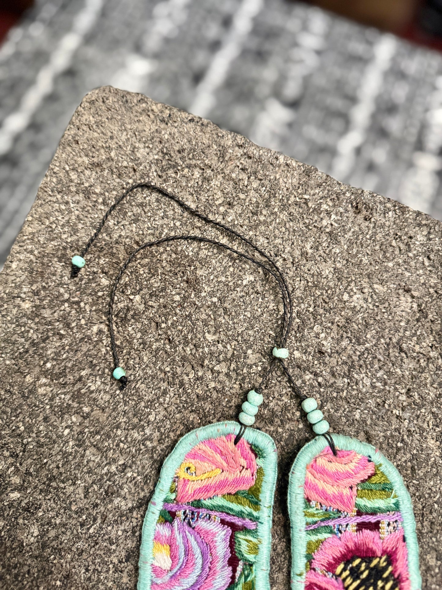 Adjustable Ceramic Beaded Strand Necklace with Patzún Floral Huipil Textile, turquoise/pink