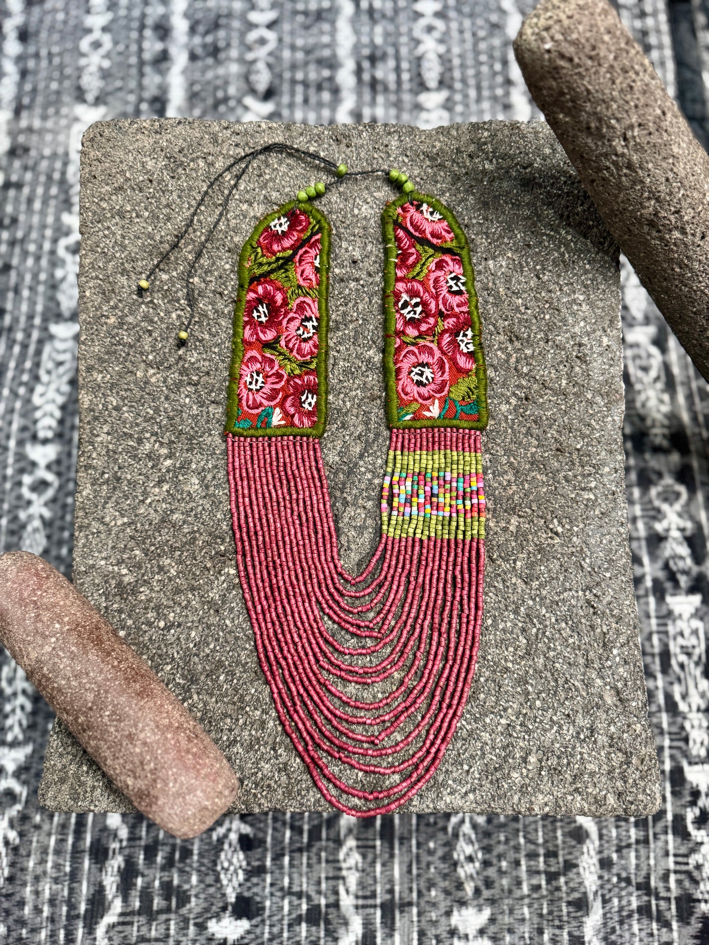 Adjustable Ceramic Beaded Strand Necklace with Patzún Floral Huipil Textile, magenta