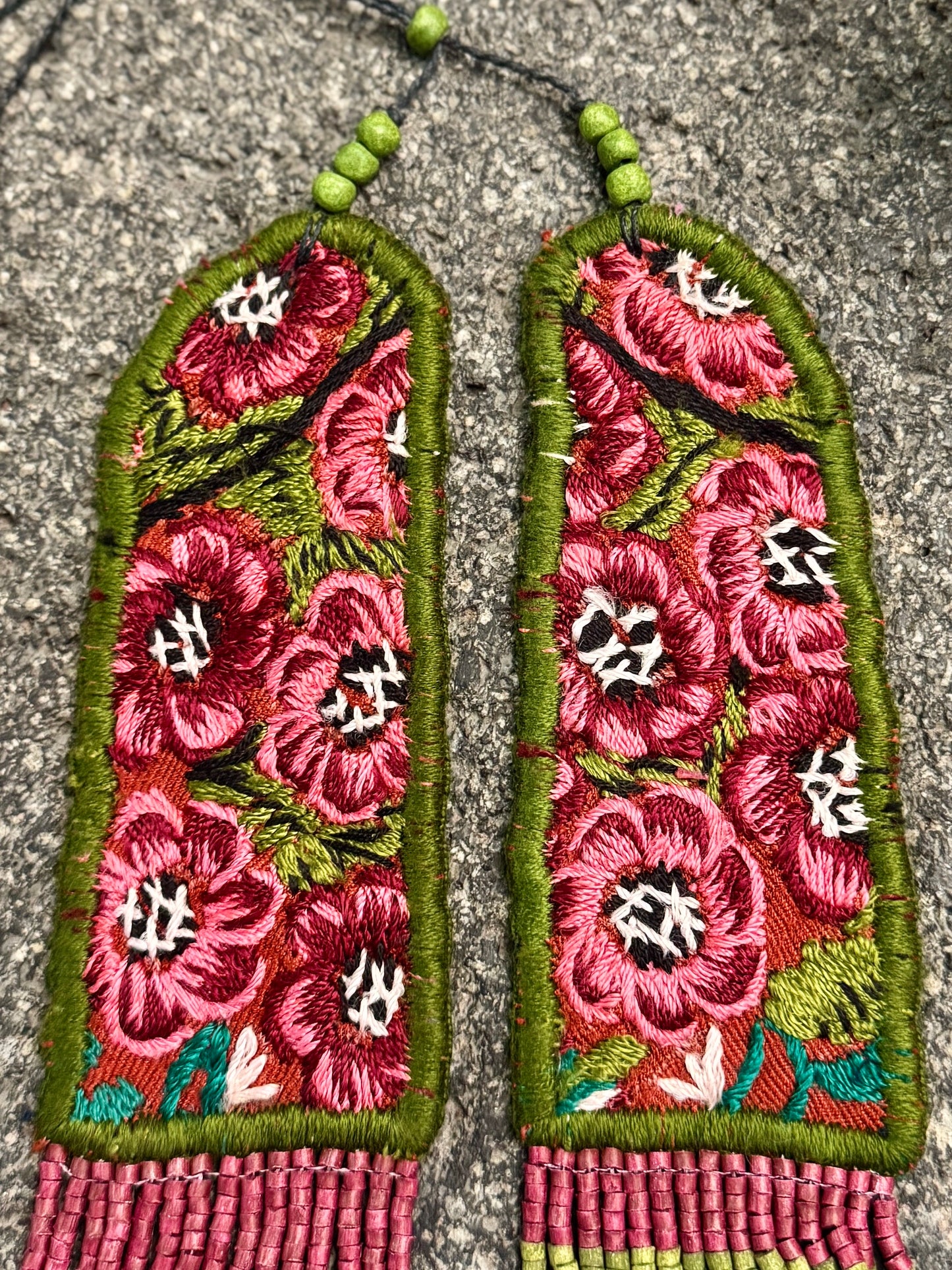 Adjustable Ceramic Beaded Strand Necklace with Patzún Floral Huipil Textile, magenta
