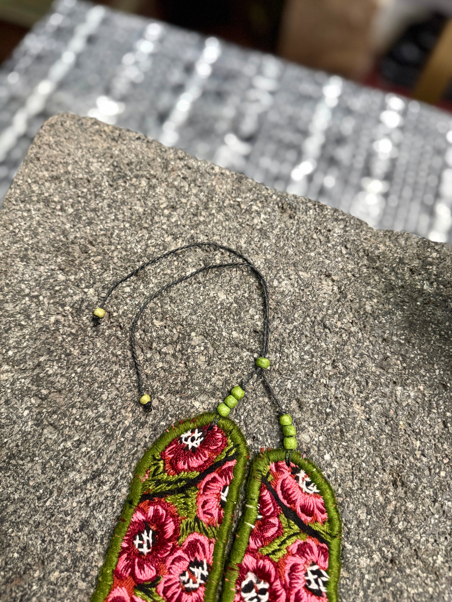Adjustable Ceramic Beaded Strand Necklace with Patzún Floral Huipil Textile, magenta