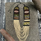 Adjustable Ceramic Beaded Strand Necklace with Vintage Chichi Huipil Textile, gold/black