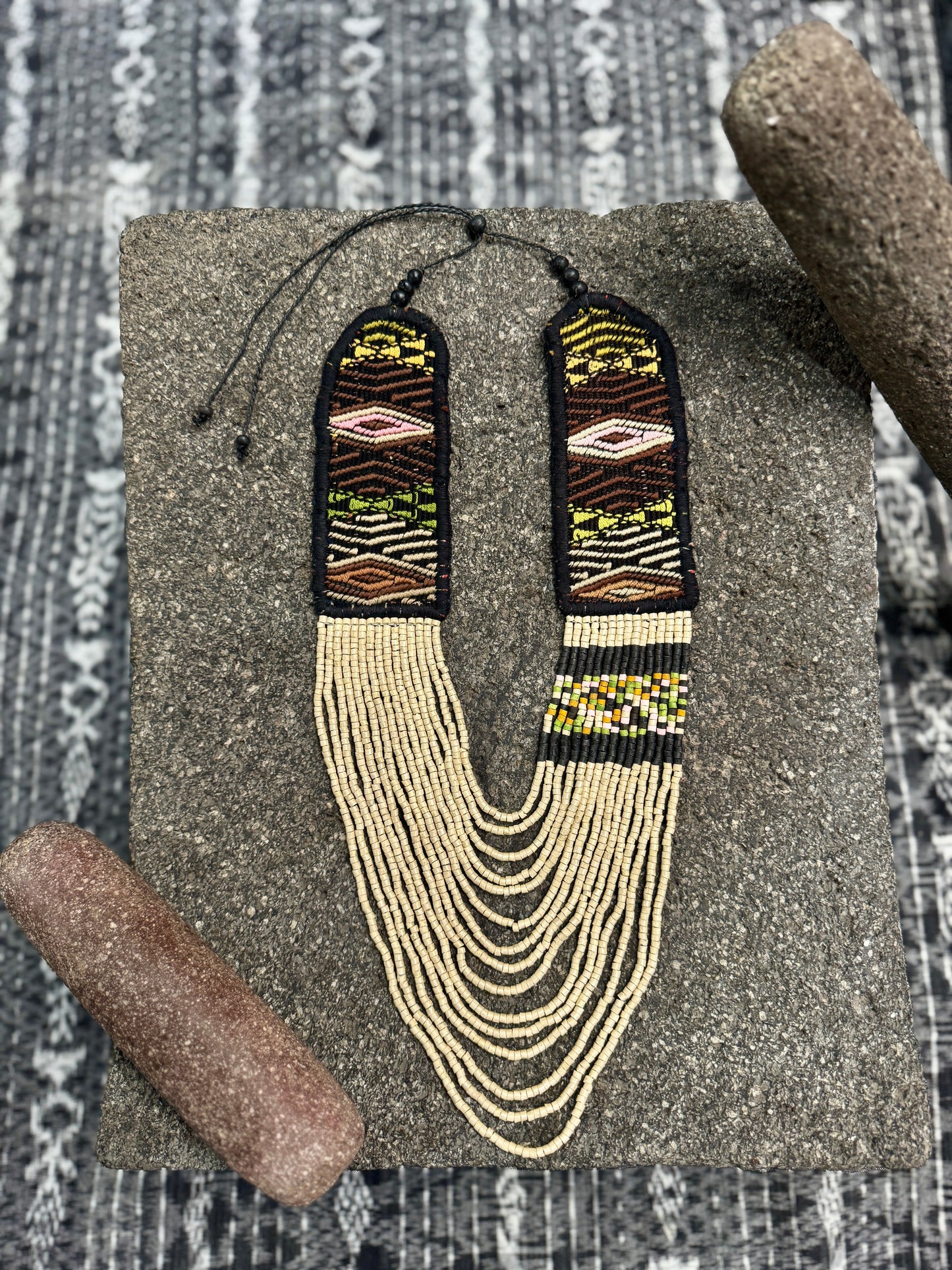 Adjustable Ceramic Beaded Strand Necklace with Vintage Chichi Huipil Textile, gold/black