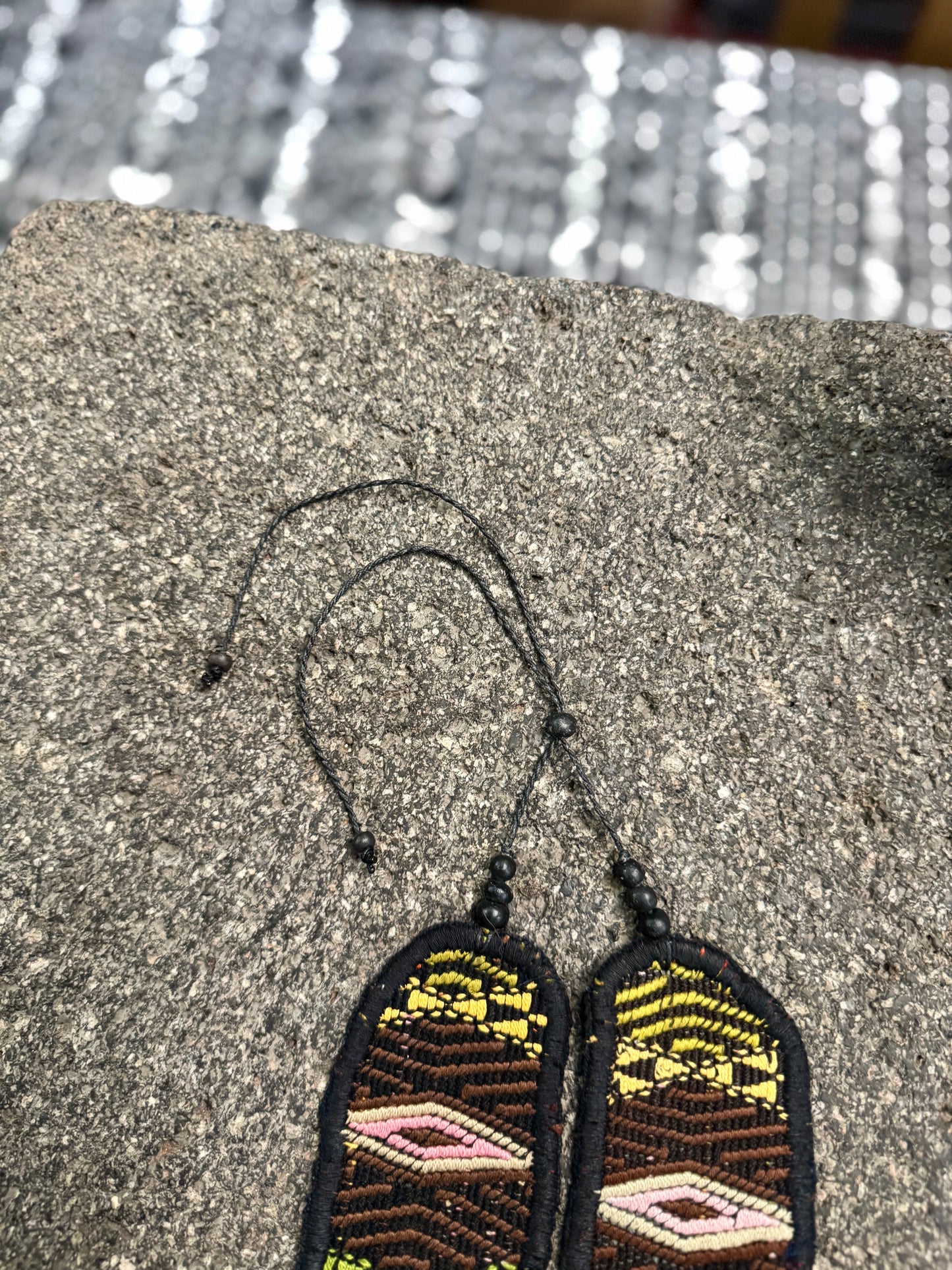 Adjustable Ceramic Beaded Strand Necklace with Vintage Chichi Huipil Textile, gold/black