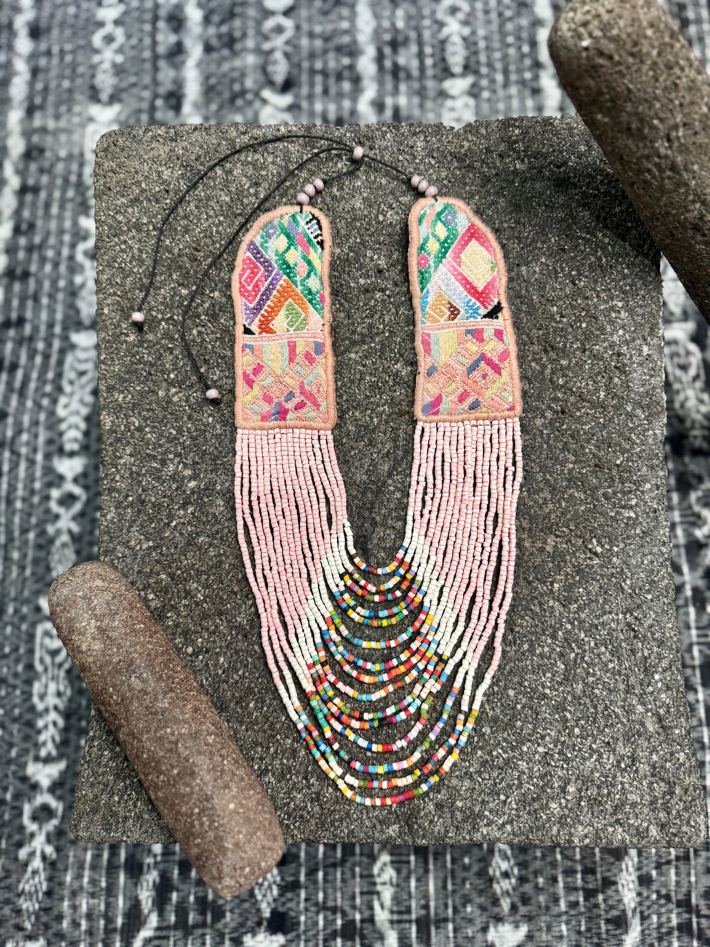 Adjustable Ceramic Beaded Strand Necklace with Vintage Chichi Huipil Textile, pastel pink