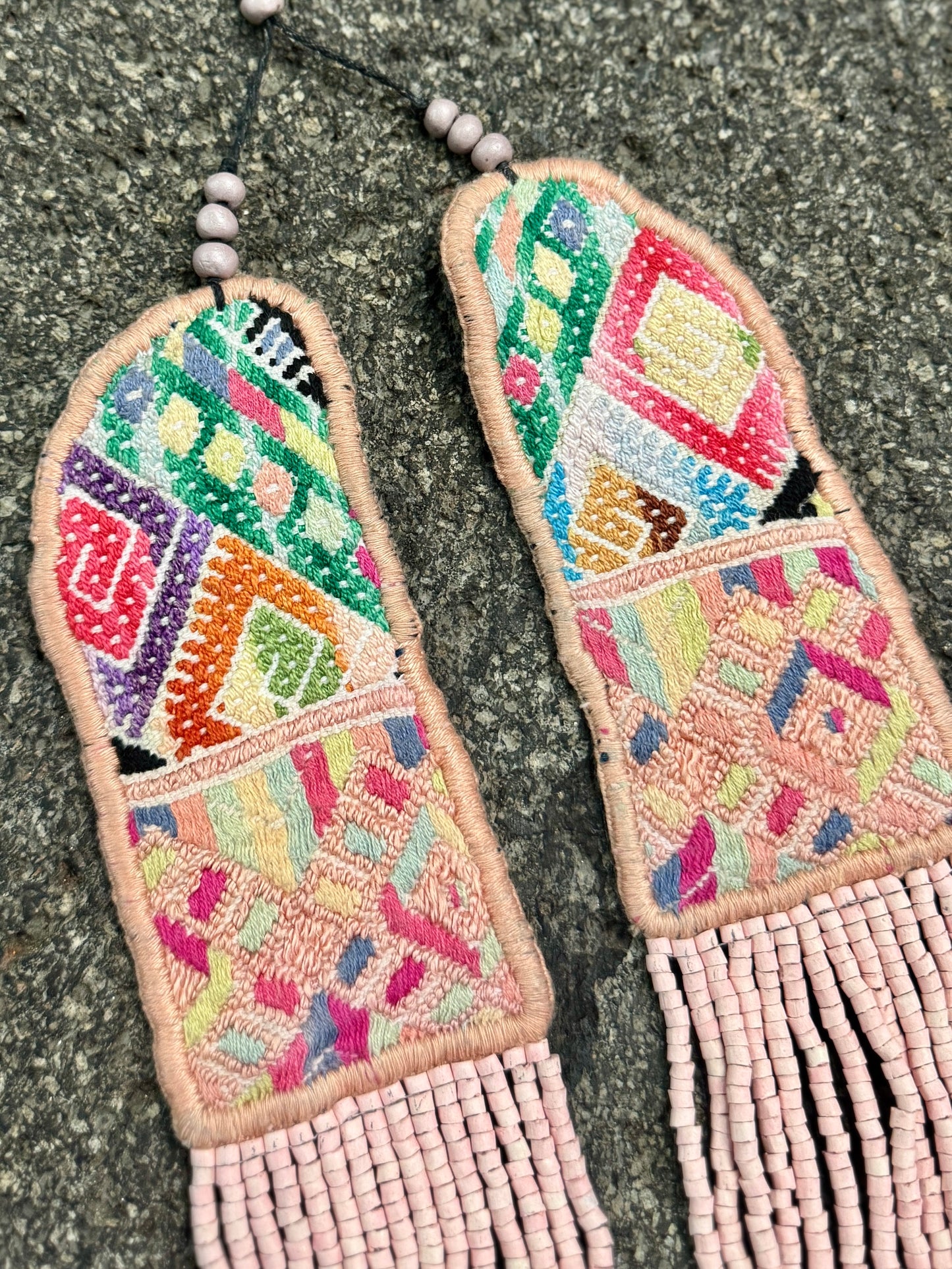 Adjustable Ceramic Beaded Strand Necklace with Vintage Chichi Huipil Textile, pastel pink
