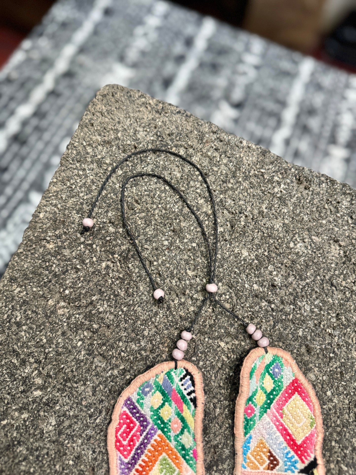 Adjustable Ceramic Beaded Strand Necklace with Vintage Chichi Huipil Textile, pastel pink