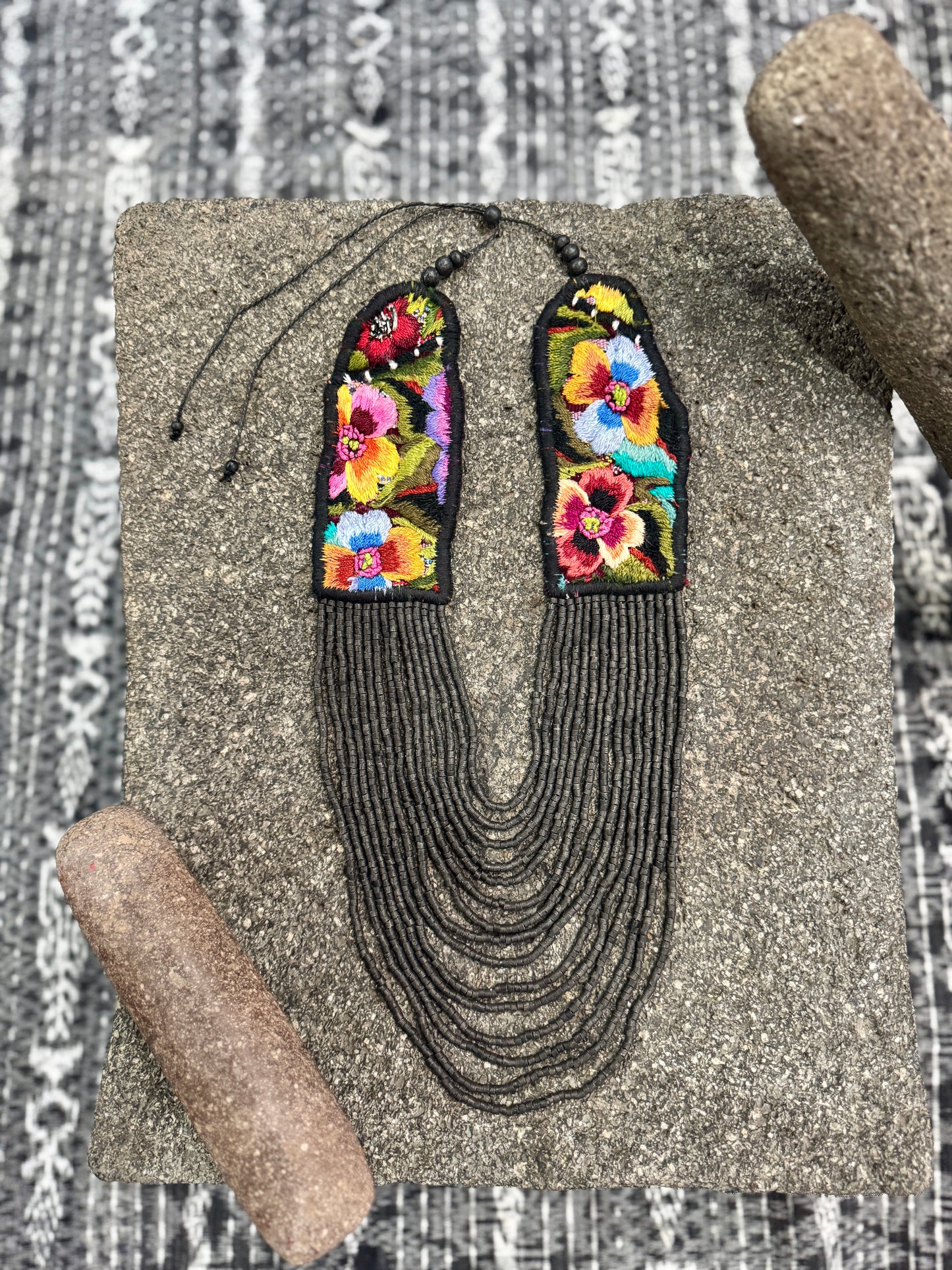 Adjustable Ceramic Beaded Strand Necklace with Patzún Floral Huipil Textile, black