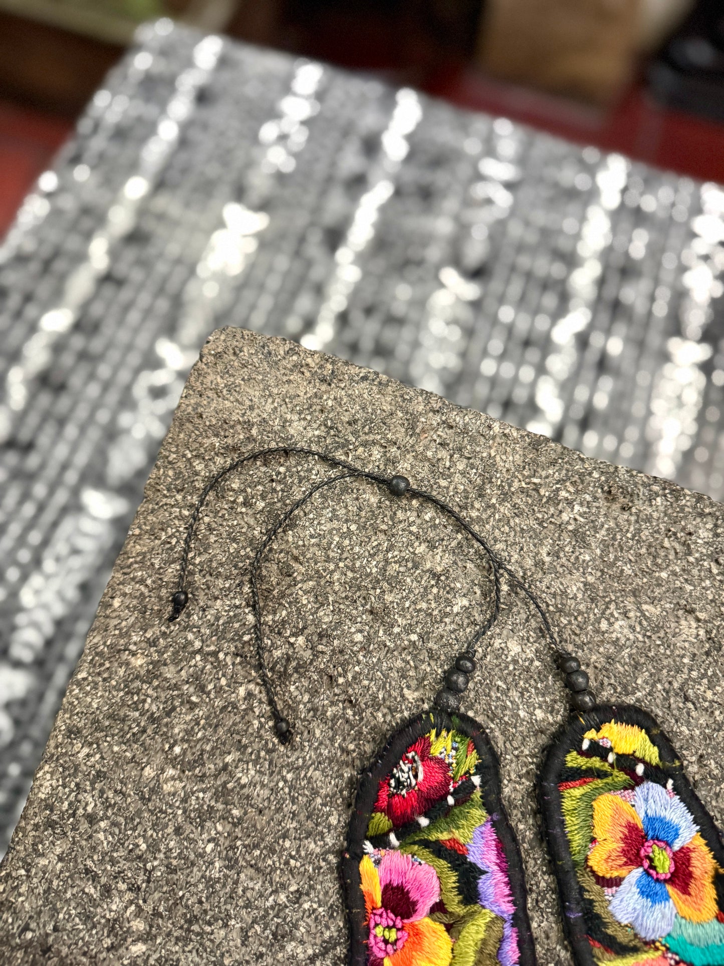 Adjustable Ceramic Beaded Strand Necklace with Patzún Floral Huipil Textile, black