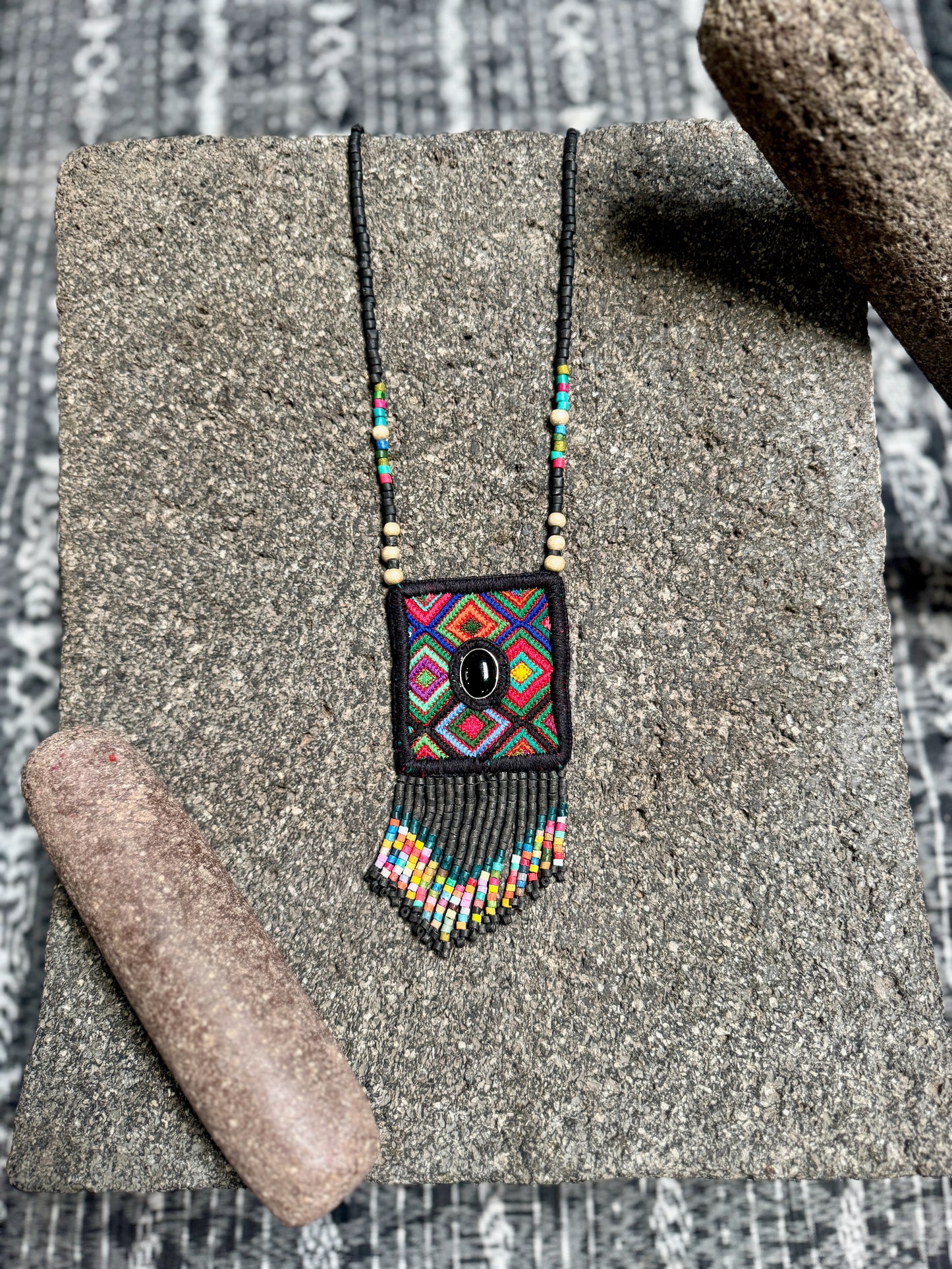 Vintage Chichicastenango Textile Pendant Necklace with Jade & Bead Fringe, black
