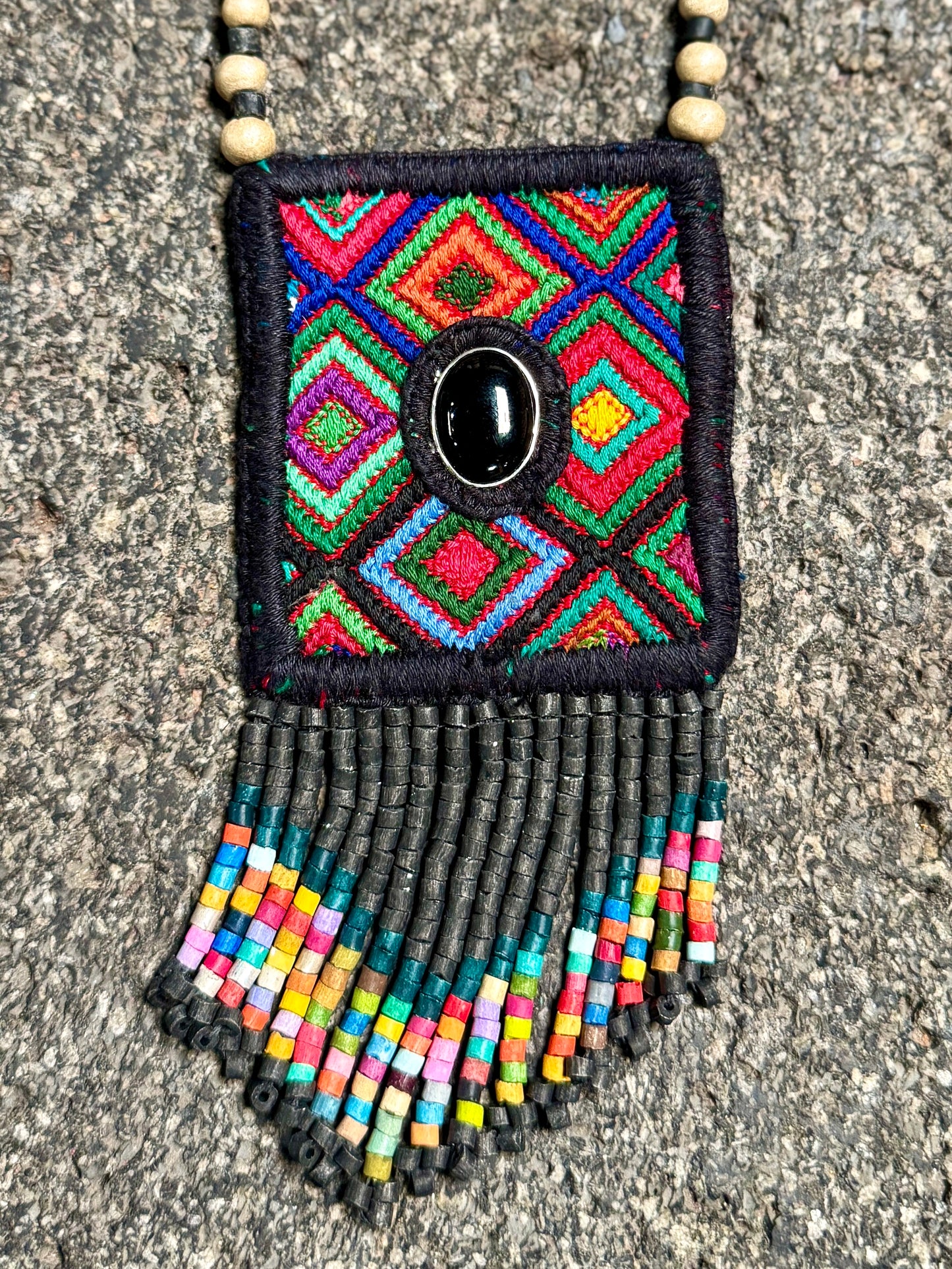 Vintage Chichicastenango Textile Pendant Necklace with Jade & Bead Fringe, black