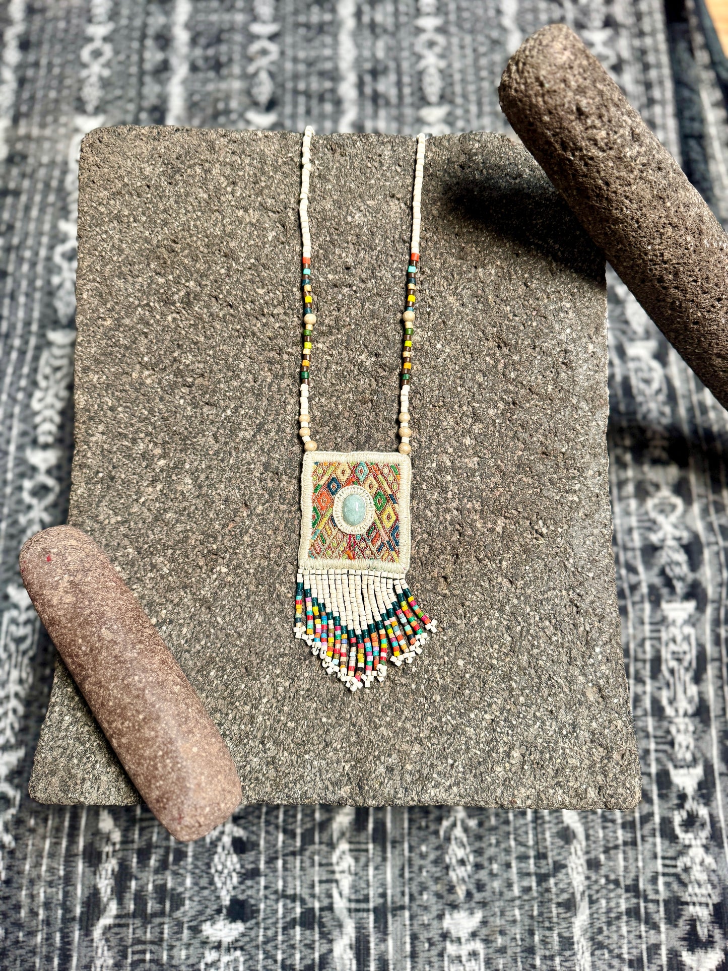 Vintage Chichicastenango Textile Pendant Necklace with Jade & Bead Fringe, white pastels