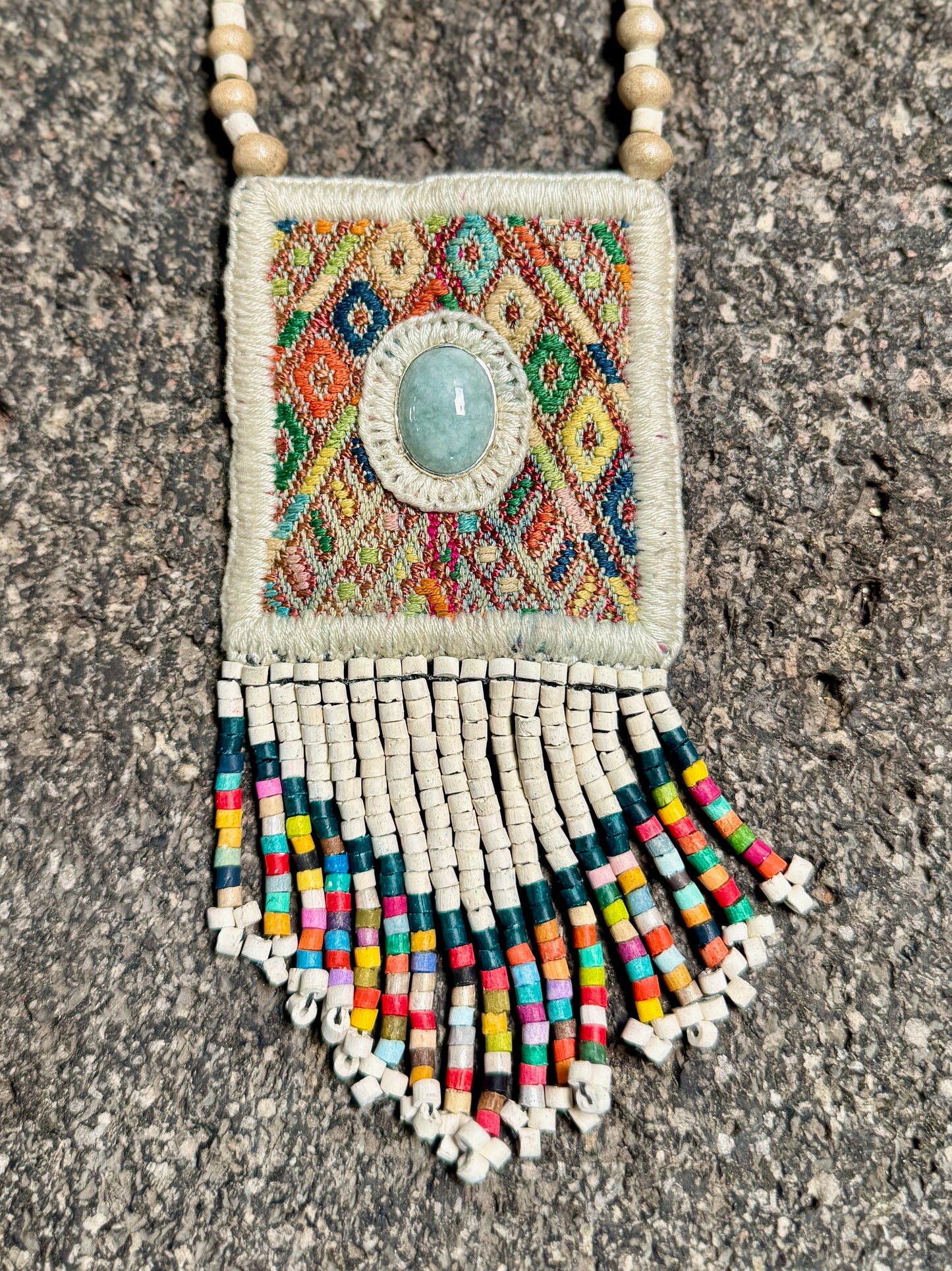 Vintage Chichicastenango Textile Pendant Necklace with Jade & Bead Fringe, white pastels
