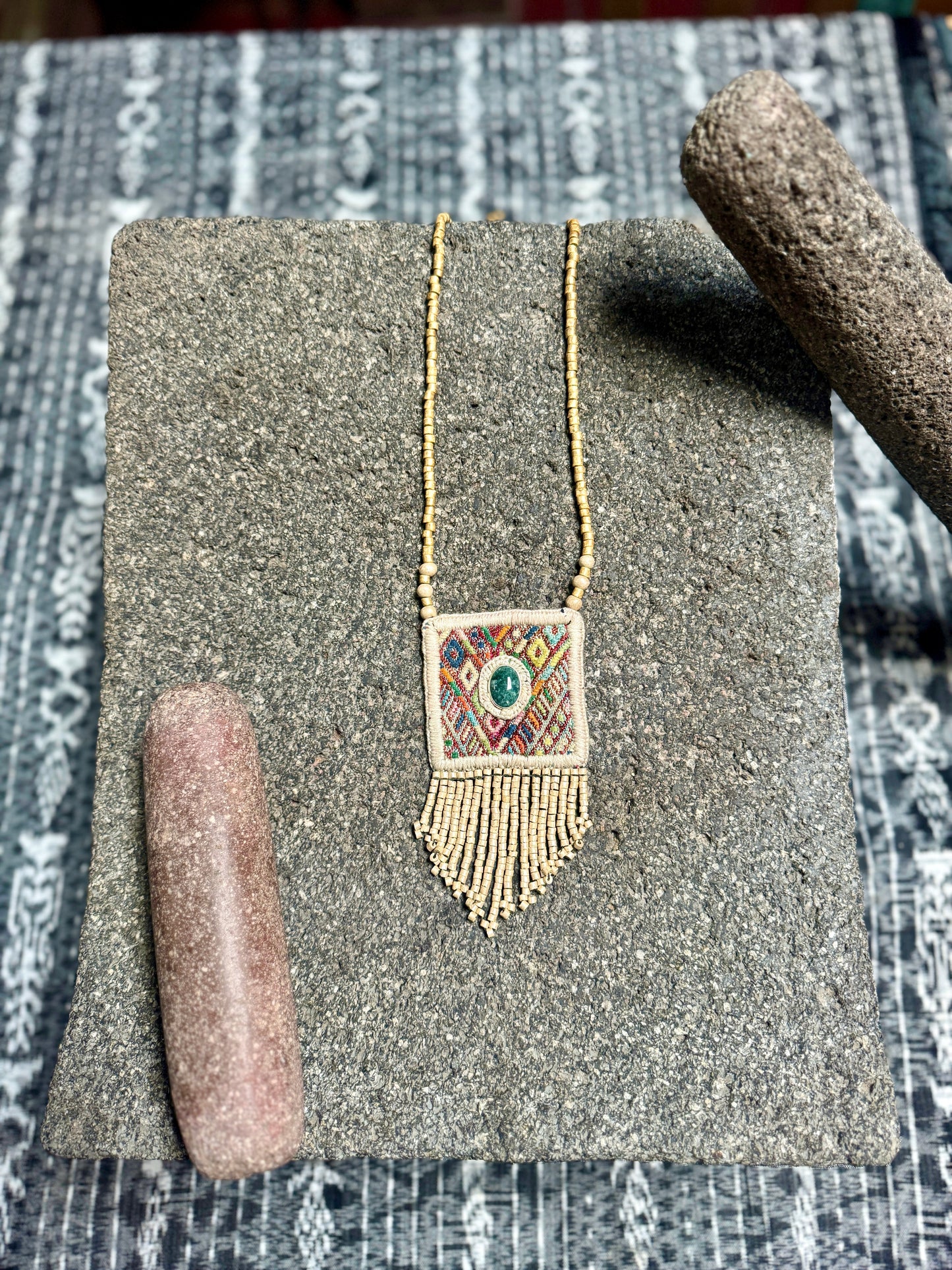 Vintage Chichicastenango Textile Pendant Necklace with Jade & Bead Fringe, golden beige