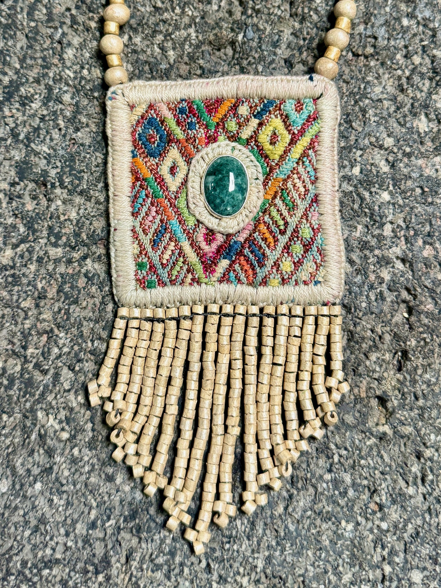 Vintage Chichicastenango Textile Pendant Necklace with Jade & Bead Fringe, golden beige