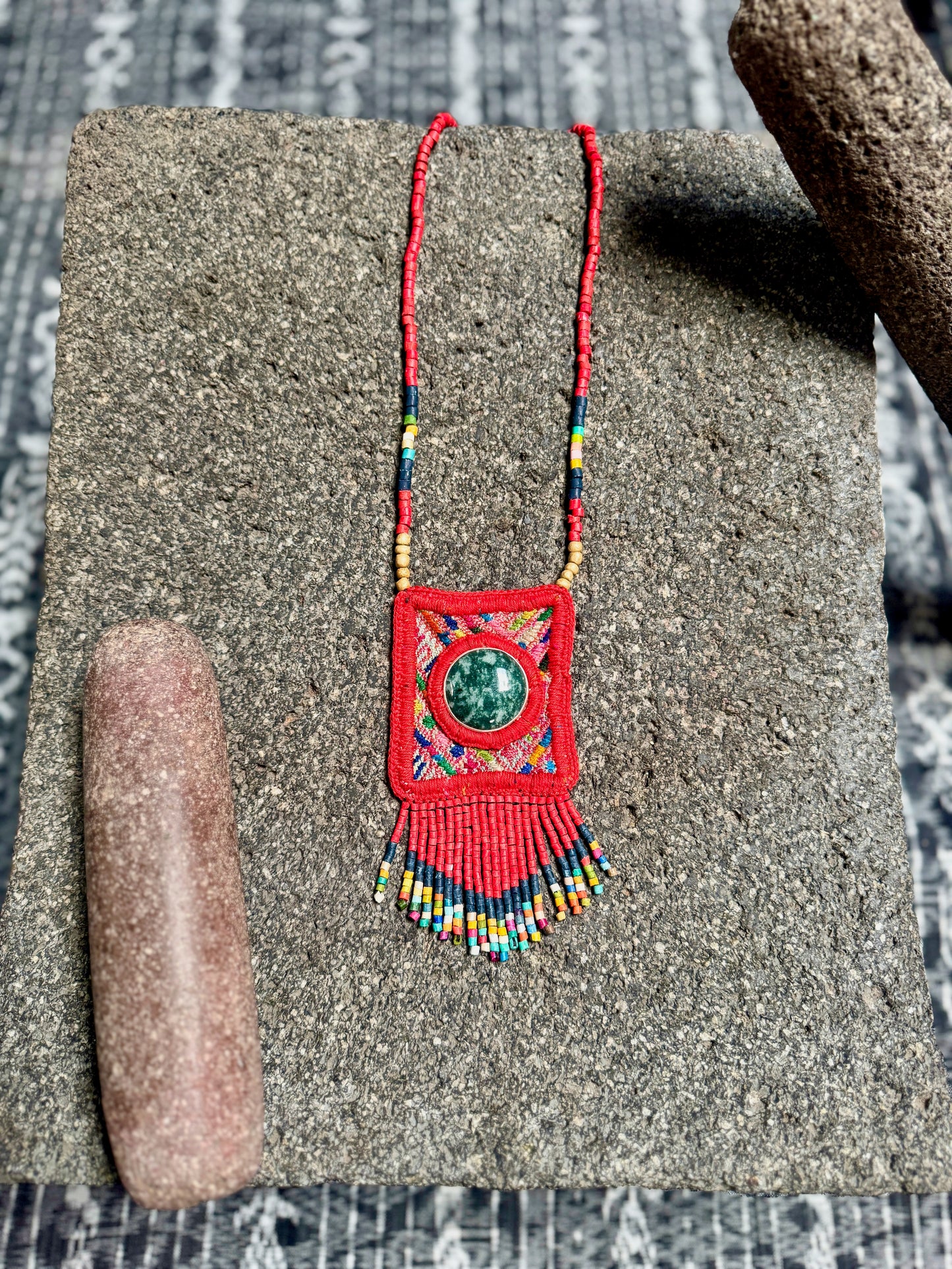 Vintage Chichicastenango Textile Pendant Necklace with Jade & Bead Fringe, red