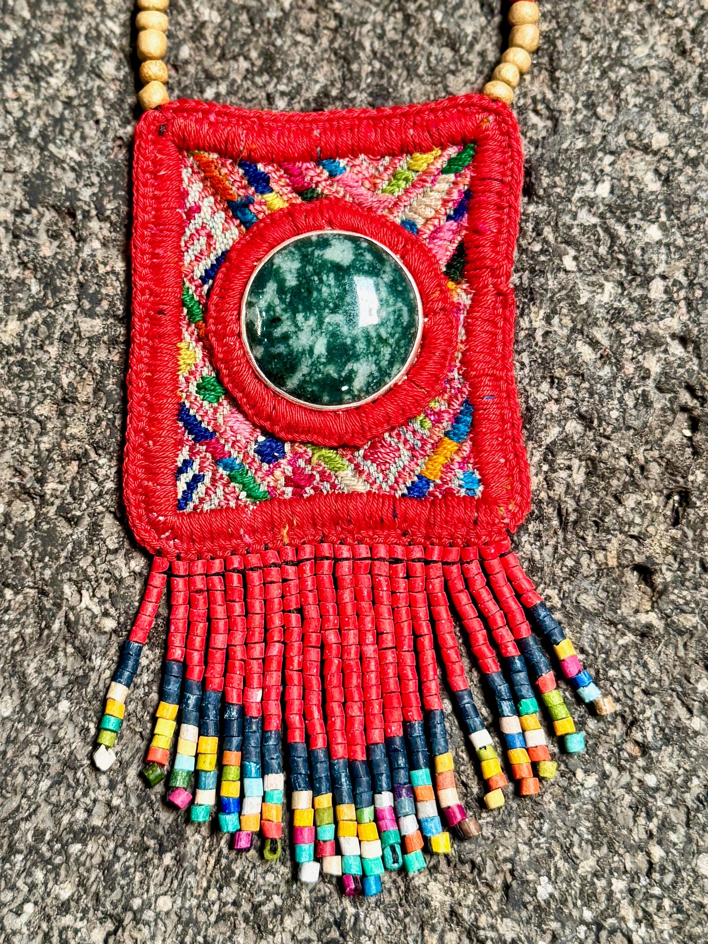 Vintage Chichicastenango Textile Pendant Necklace with Jade & Bead Fringe, red