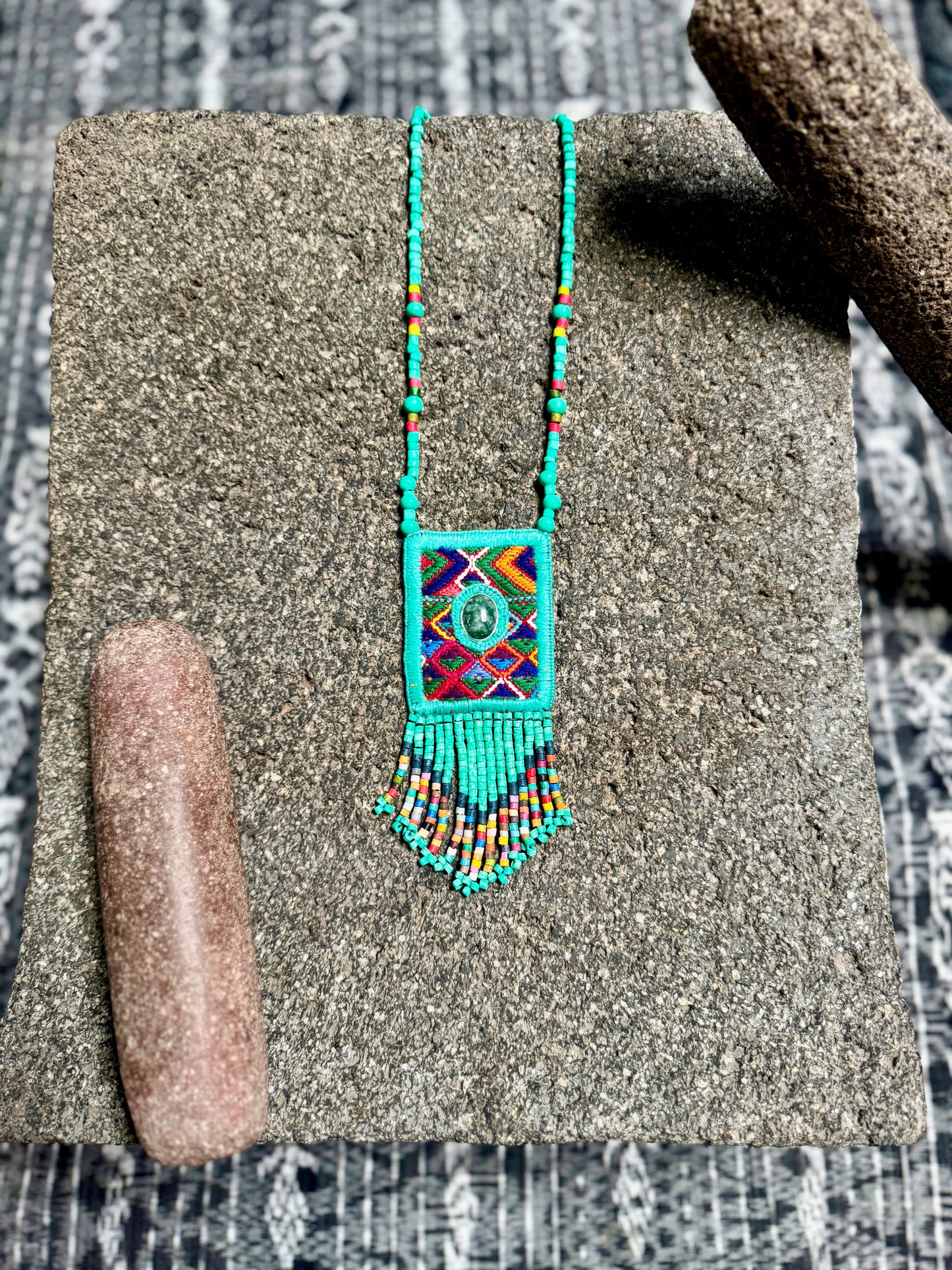 Vintage Chichicastenango Textile Pendant Necklace with Jade & Bead Fringe, turquoise green jade