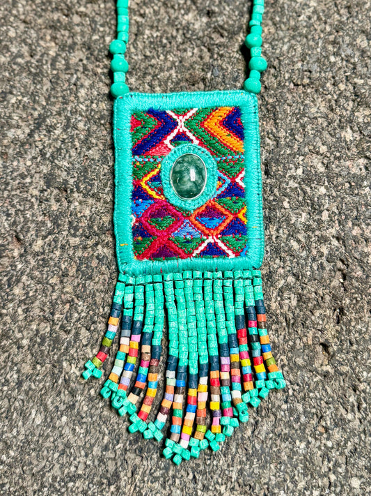 Vintage Chichicastenango Textile Pendant Necklace with Jade & Bead Fringe, turquoise green jade
