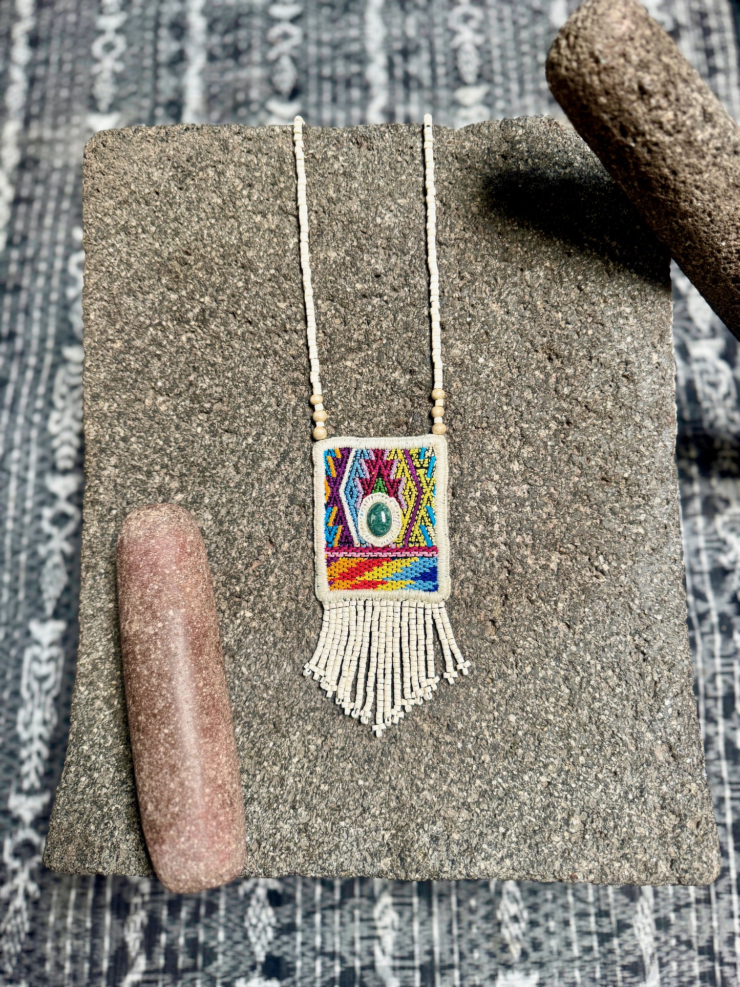 Vintage Chichicastenango Textile Pendant Necklace with Jade & Bead Fringe, white/multicolor
